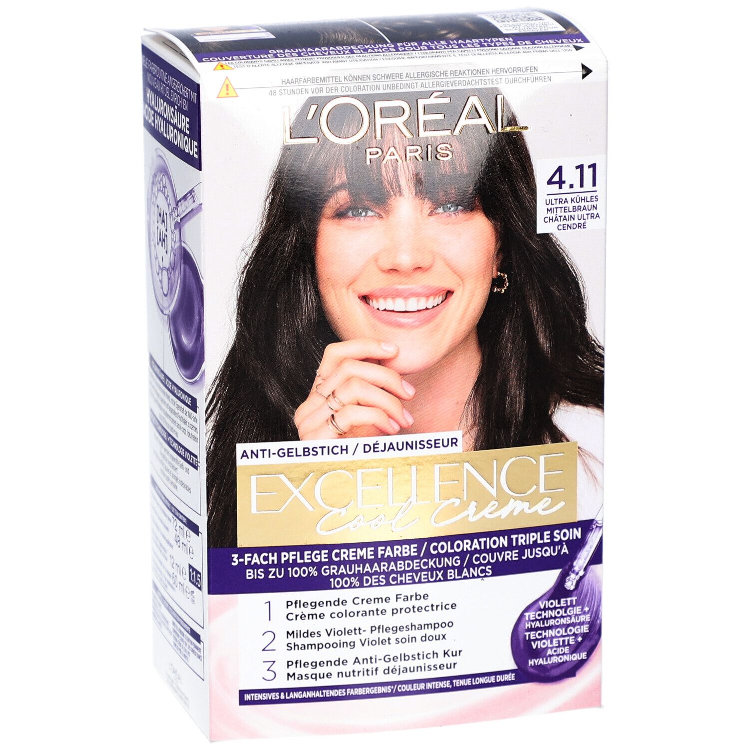 Haarfarben-Verpackung EXCELLENCE Cool Creme 4.11. Frau mit dunklen Haaren. Produktinformationen und Logo. Marke: L'Oréal Paris.