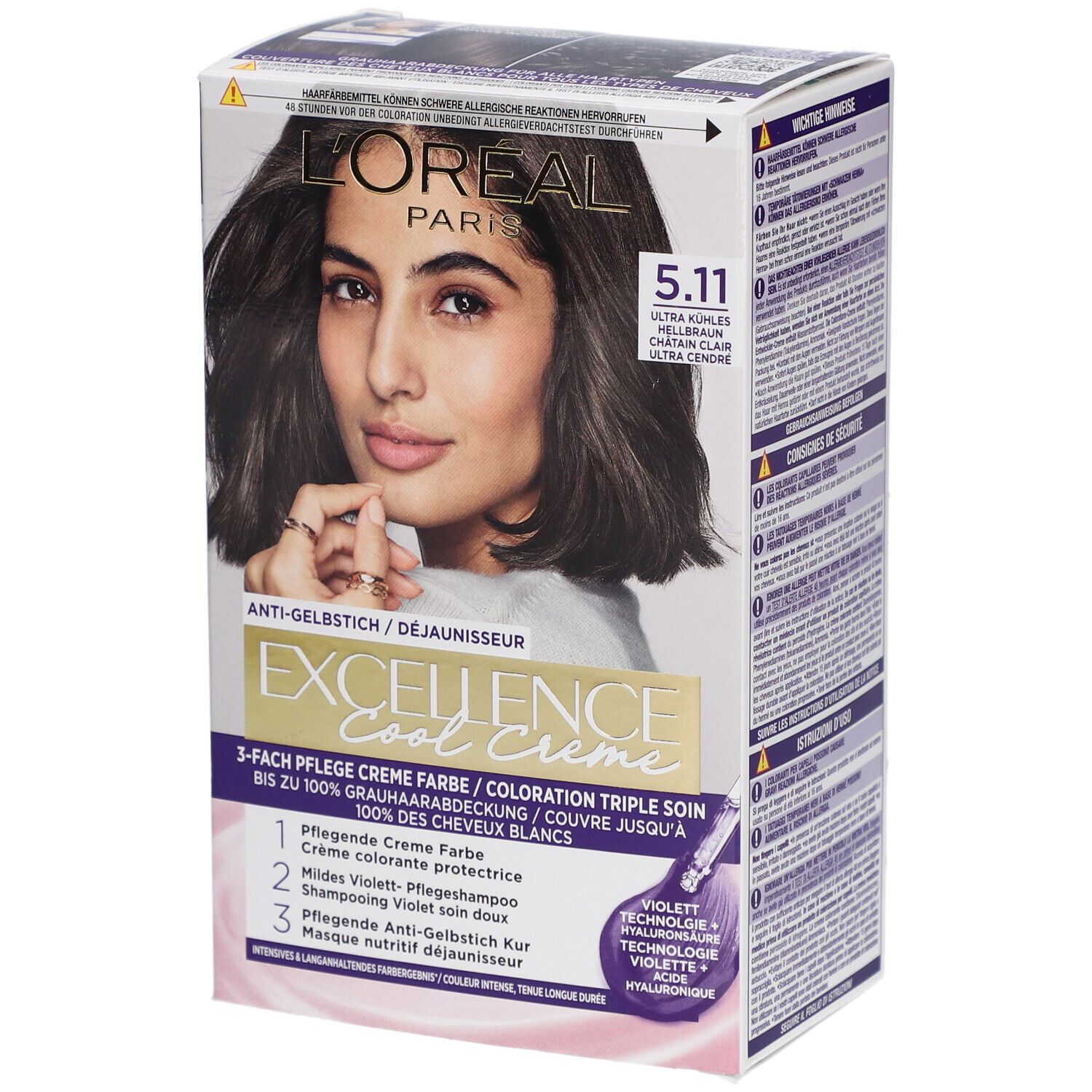Boîte de coloration capillaire L'Oréal Paris Excellence Cool Crème 5.11. Femme aux cheveux bruns. Détails du produit et du code couleur.