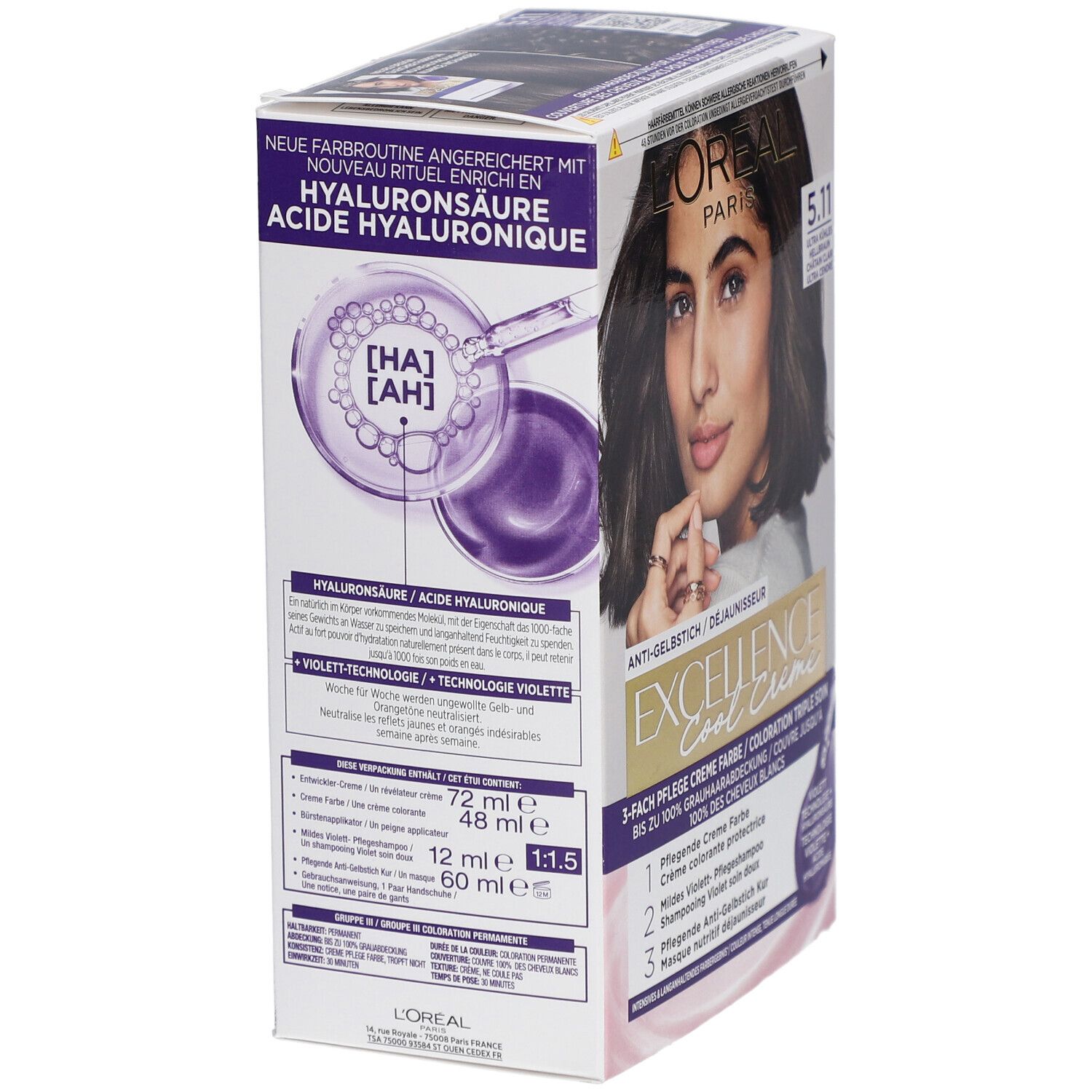 Dos de la boîte de coloration capillaire L'Oréal Paris Excellence Cool Crème. Ingrédients, instructions et informations sur le produit.