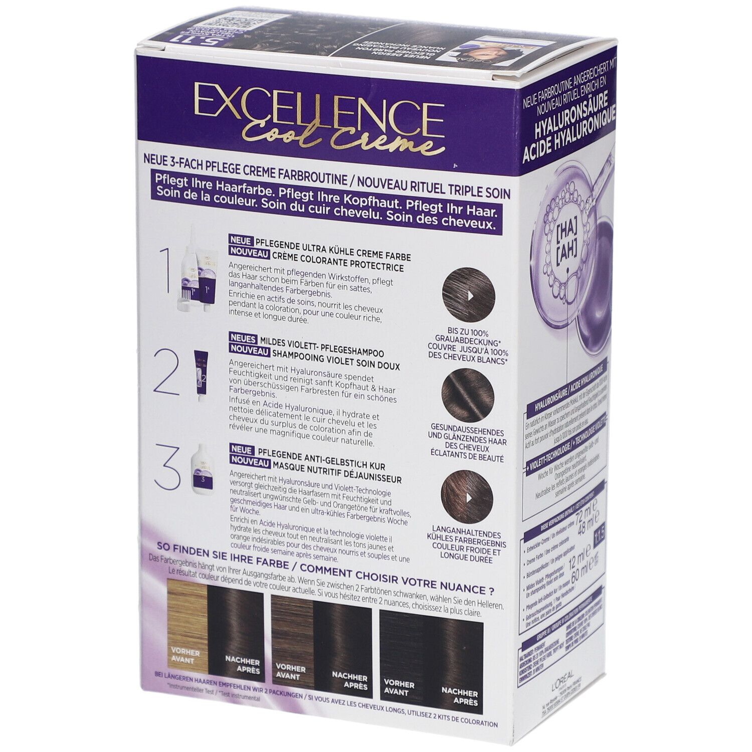 Dos de la boîte de coloration capillaire L'Oréal Paris Excellence Cool Crème. Comparaison des couleurs, ingrédients et instructions.
