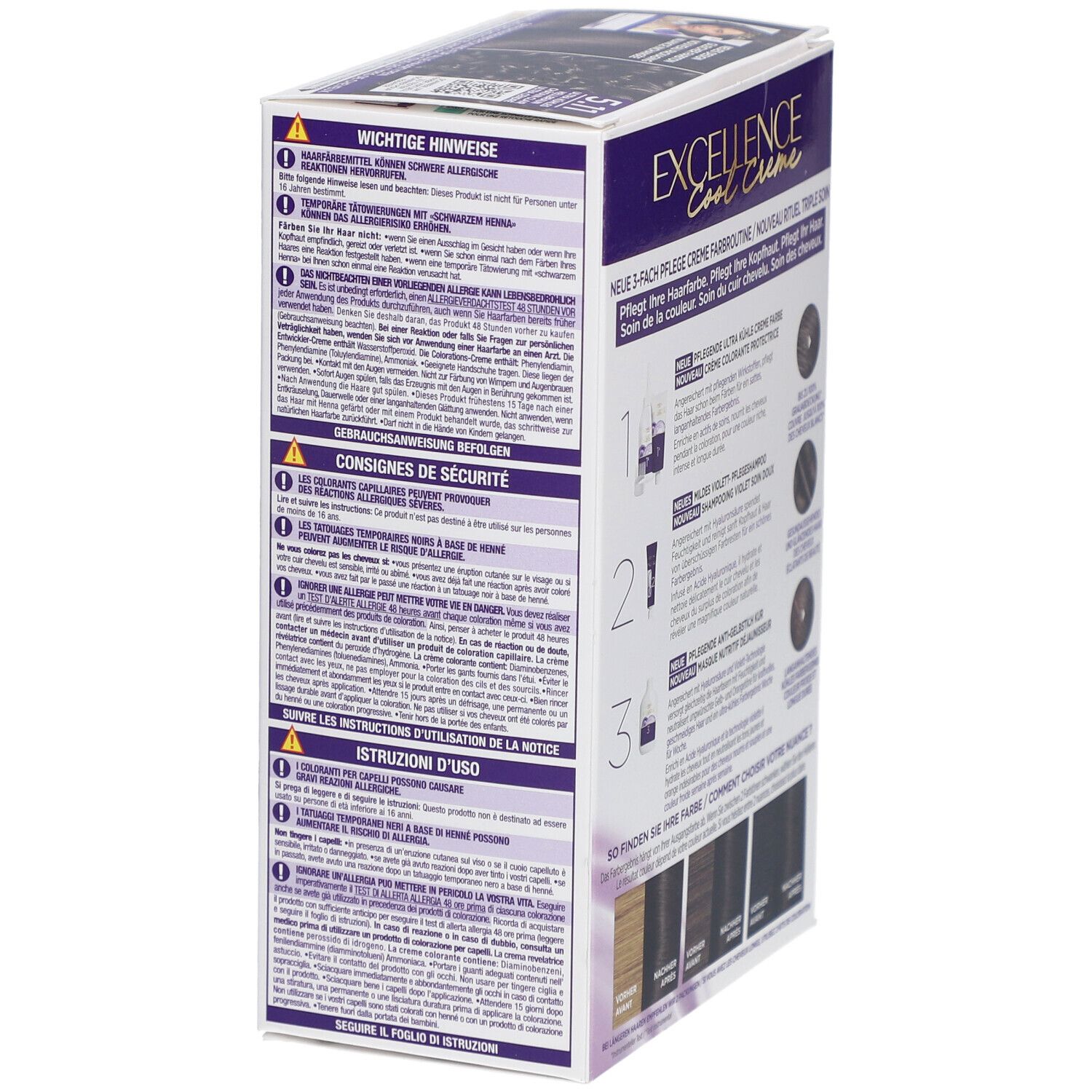 Côté de la boîte de coloration capillaire L'Oréal Paris Excellence Cool Crème. Avertissements, mode d'emploi et consignes de sécurité.