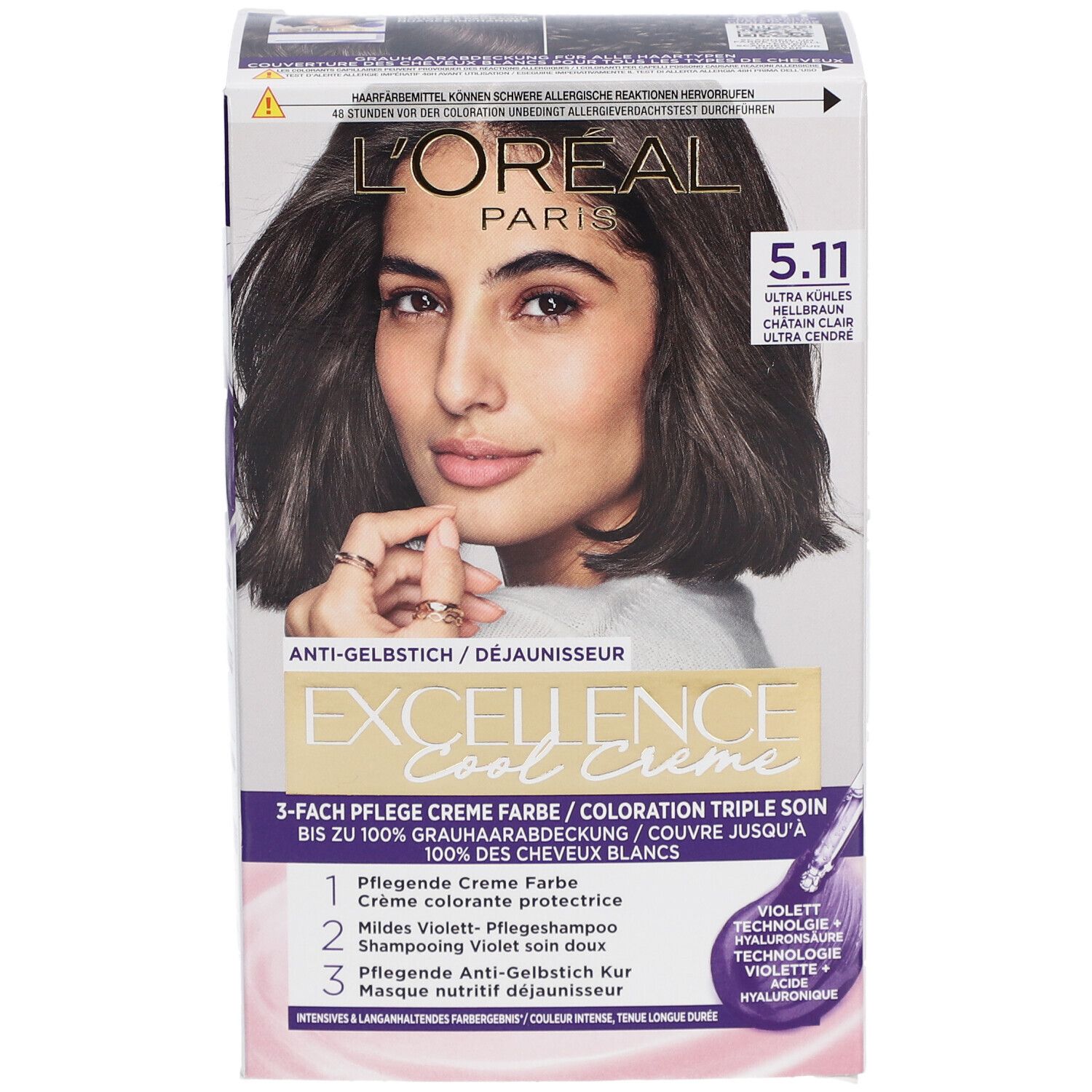 Boîte de coloration capillaire L'Oréal Paris Excellence Cool Crème 5.11. Femme aux cheveux bruns. Détails du produit et du code couleur.