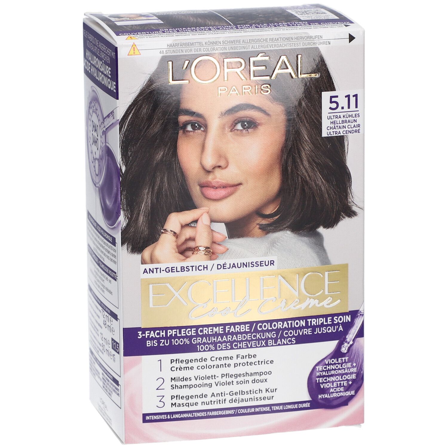 Boîte de coloration capillaire L'Oréal Paris Excellence Cool Crème 5.11. Femme aux cheveux bruns. Détails du produit et du code couleur.