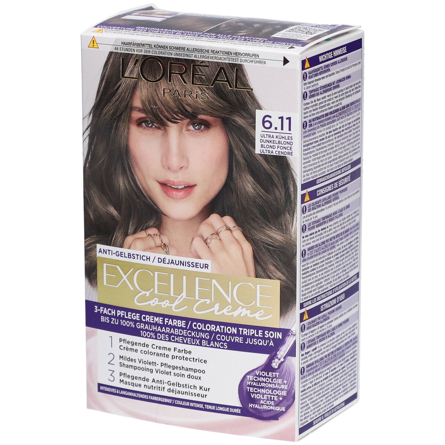 Haarfärbemittel-Verpackung. L'Oréal Paris Excellence Cool Crème, Farbton 6.11. Frau mit gefärbten Haaren abgebildet.