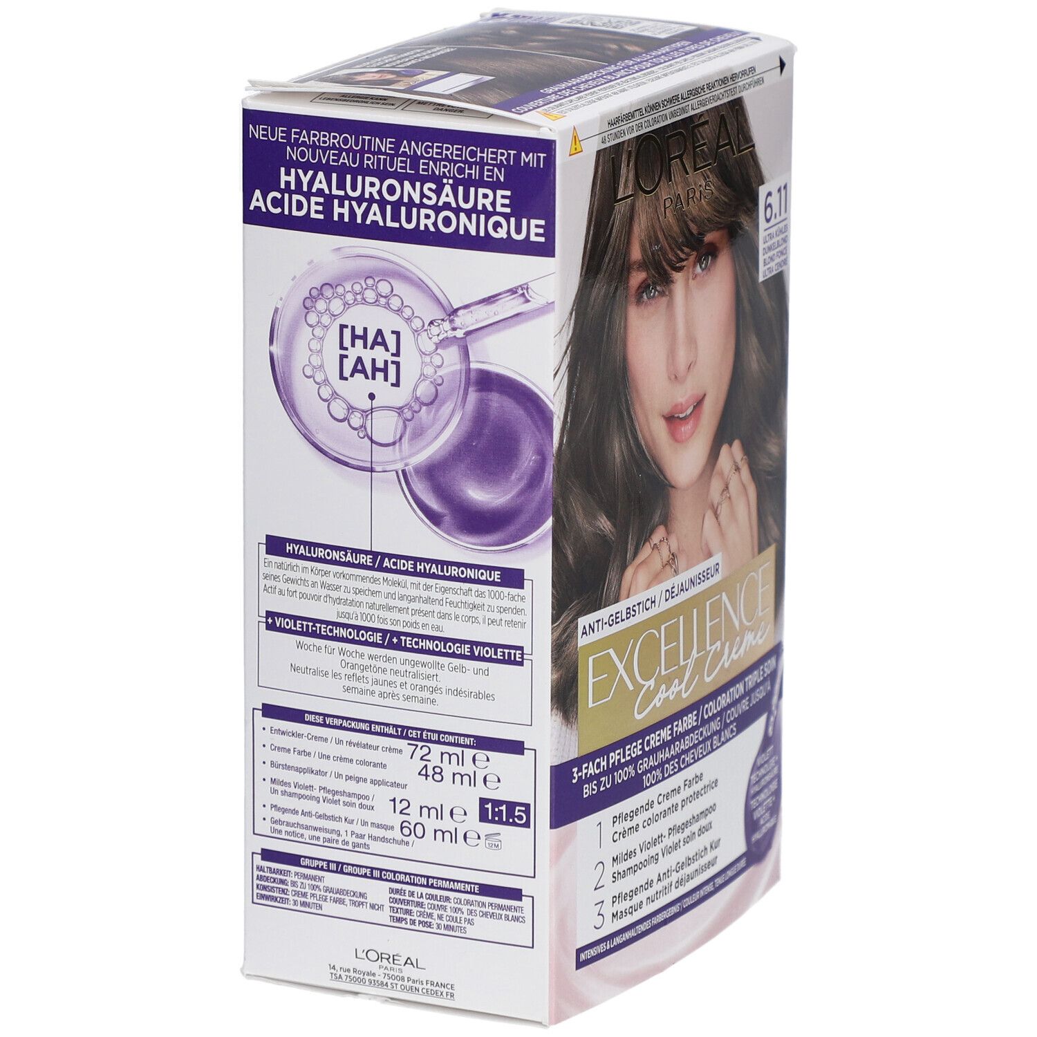 Haarfärbemittel-Verpackung. L'Oréal Paris Excellence Cool Crème, Farbton 6.11. Rückseite mit Produktinformationen.