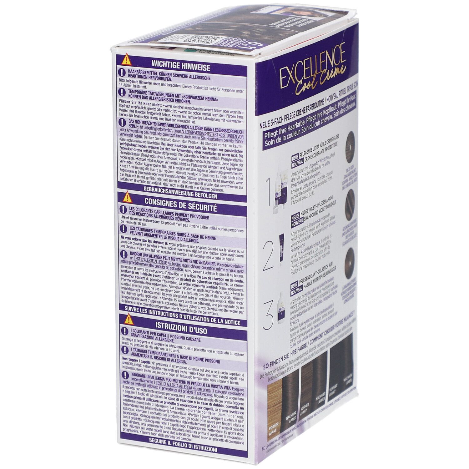 Haarfärbemittel-Verpackung. L'Oréal Paris Excellence Cool Crème. Rückseite mit Anweisungen und Farbbeispielen.