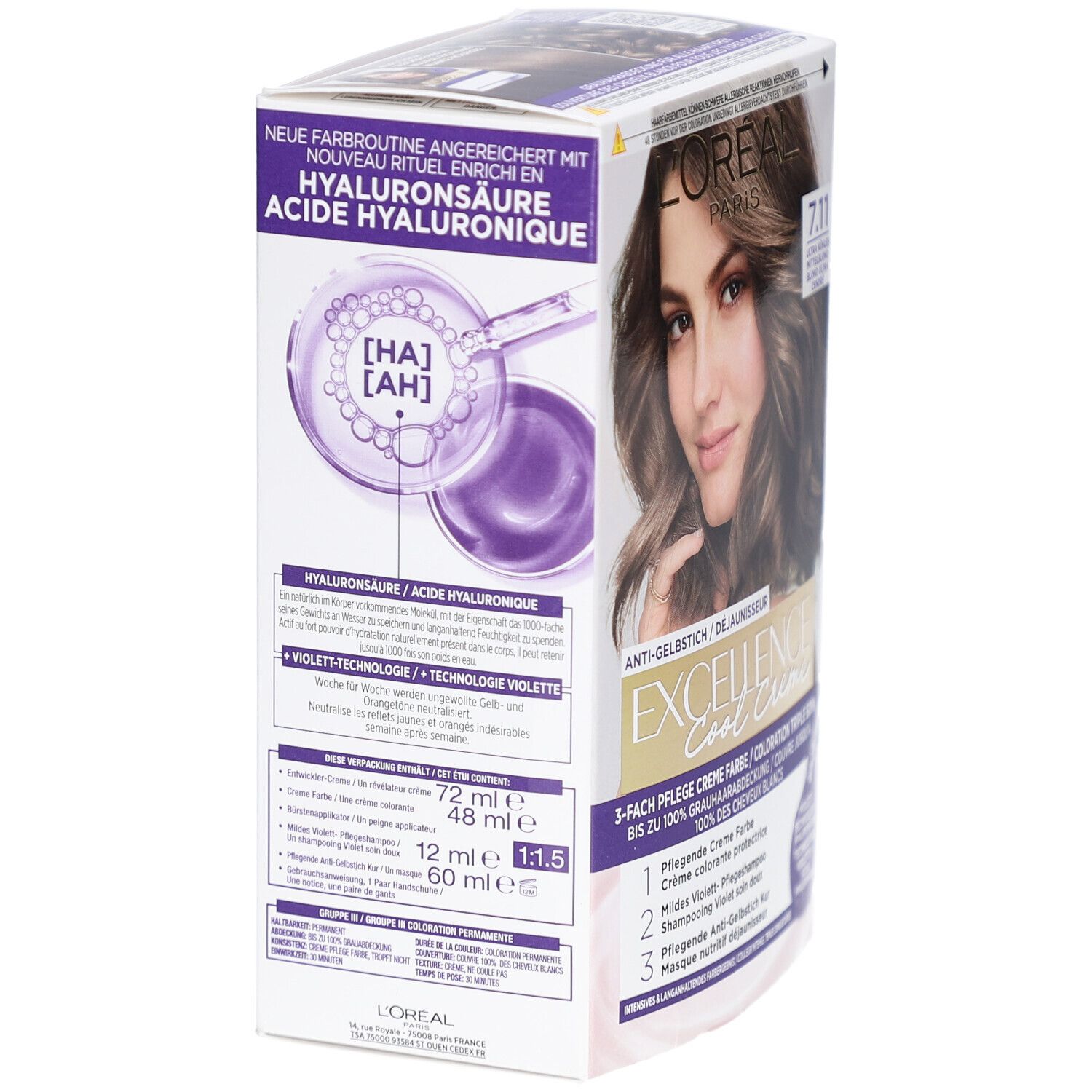 L'Oréal Paris Excellence Cool Crème 7.11. Boîte avec ingrédients et texte. Contient acide hyaluronique et technologie violette.