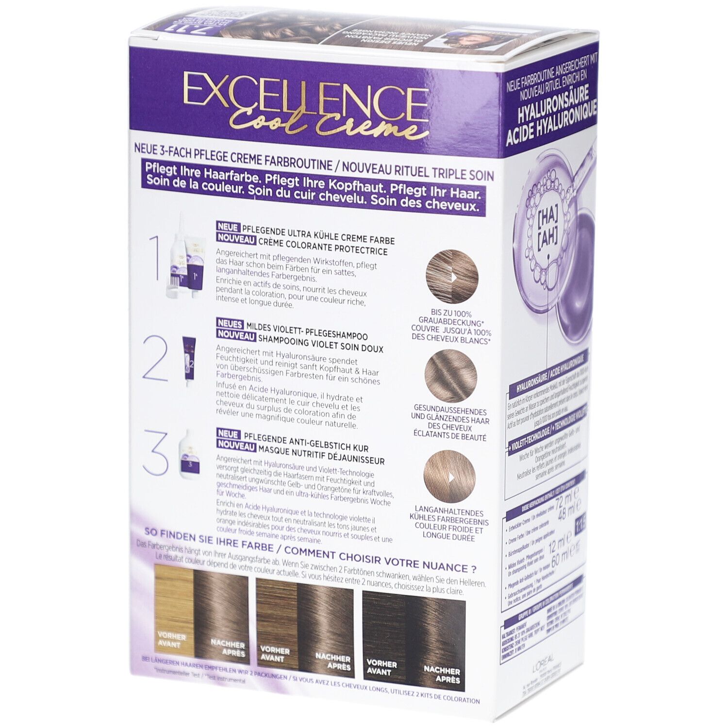 L'Oréal Paris Excellence Cool Crème. Boîte avec description d'utilisation. Triple soin. Exemples avant-après.