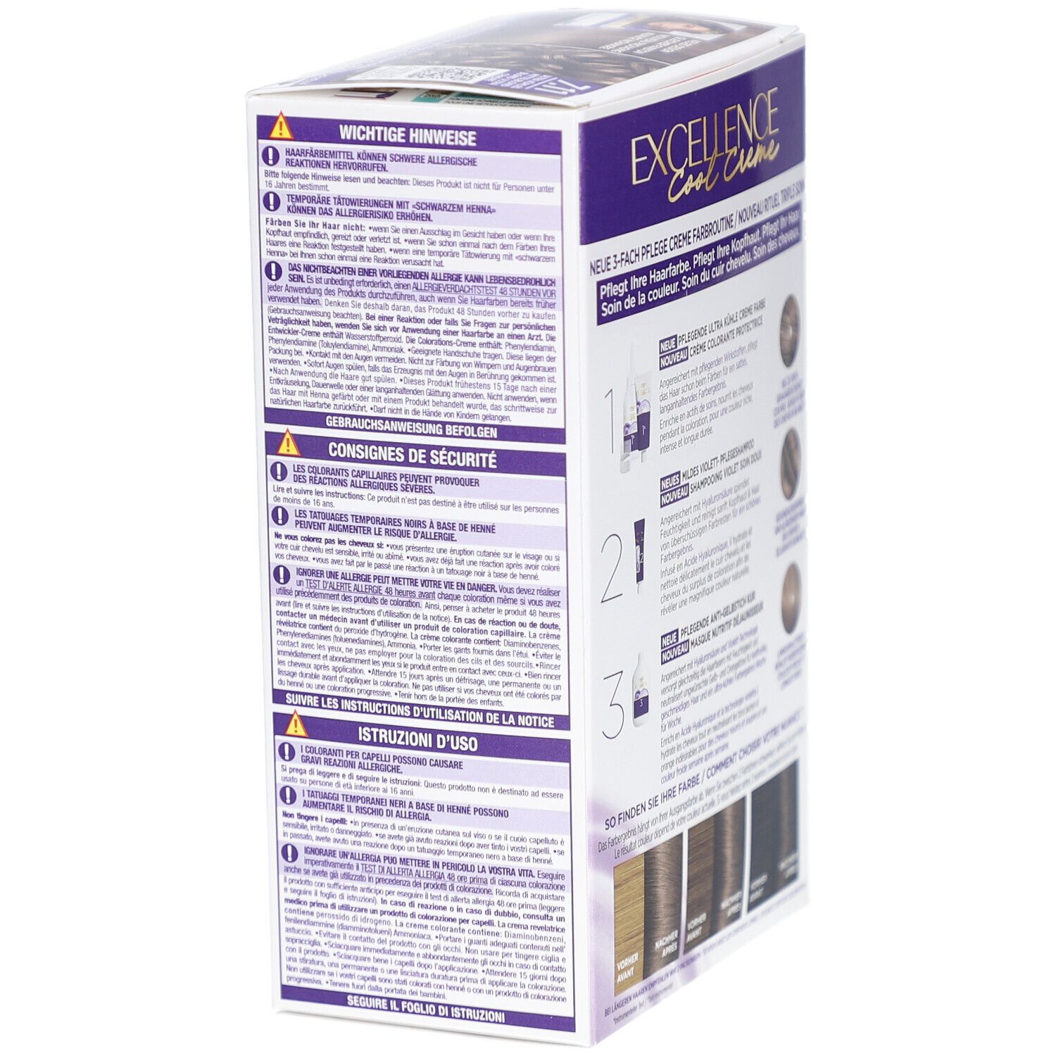 L'Oréal Paris Excellence Cool Crème. Boîte avec avertissements et mode d'emploi. Verso de l'emballage.
