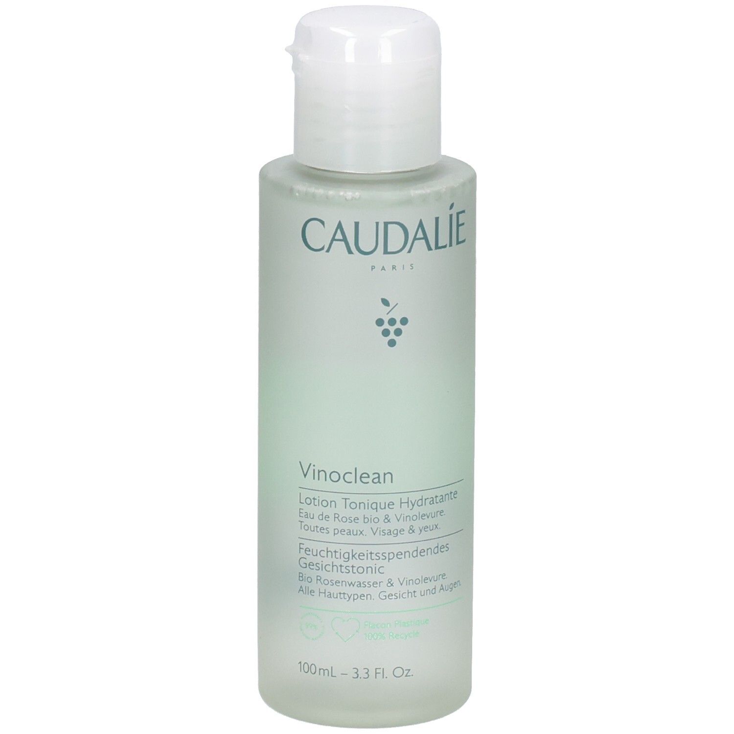 Flacon avec bouchon blanc. Inscriptions: CAUDALIE, Vinoclean, Lotion Tonique Hydratante. Teinte verdâtre. 100ml.