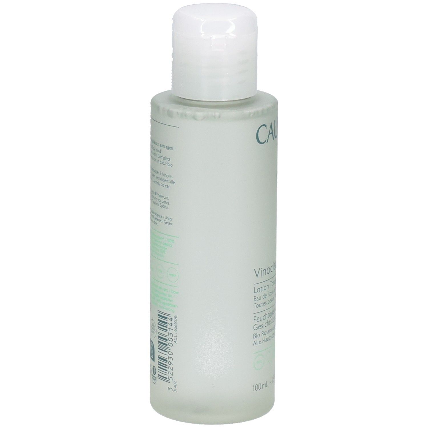 Flacon avec bouchon blanc. Dos avec texte. Inscriptions: CAUDALIE, Vinoclean, Lotion Tonique Hydratante. 100ml.