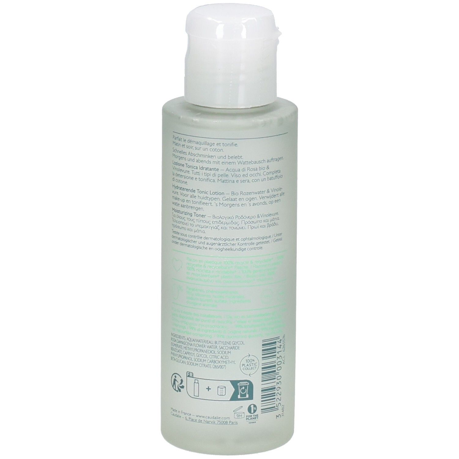 Flacon avec bouchon blanc. Dos avec texte. Inscriptions: CAUDALIE, Vinoclean, Lotion Tonique Hydratante. 100ml.