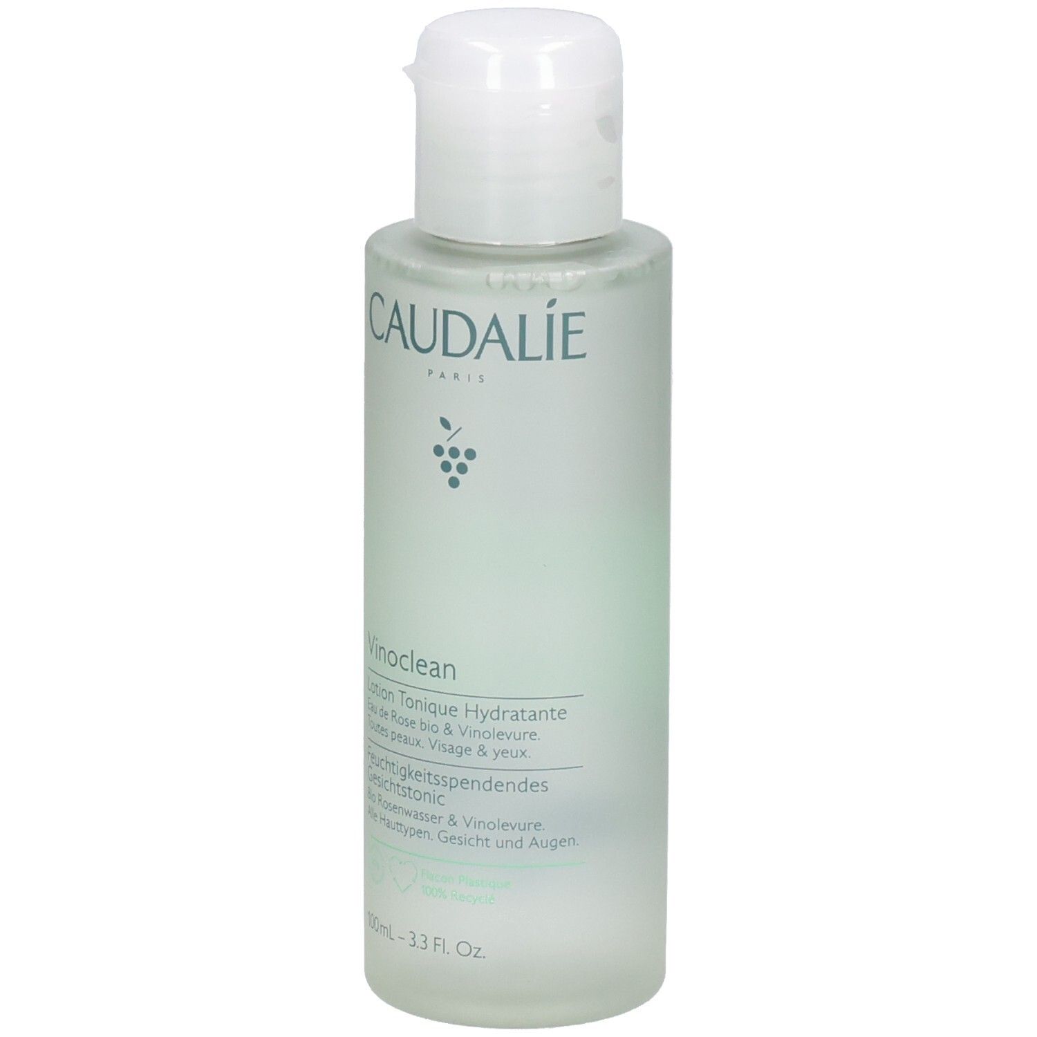 Flacon avec bouchon blanc. Inscriptions: CAUDALIE, Vinoclean, Lotion Tonique Hydratante. Teinte verdâtre. 100ml.