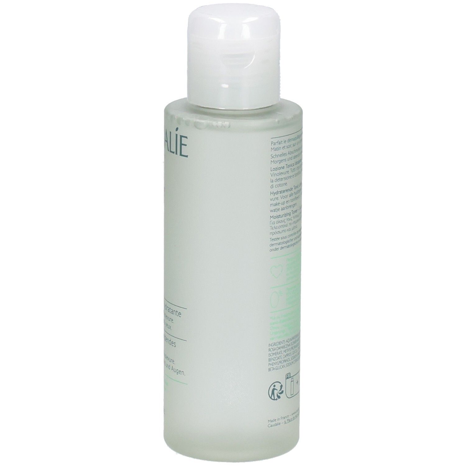 Flacon avec bouchon blanc. Dos avec texte. Inscriptions: CAUDALIE, Vinoclean, Lotion Tonique Hydratante. 100ml.