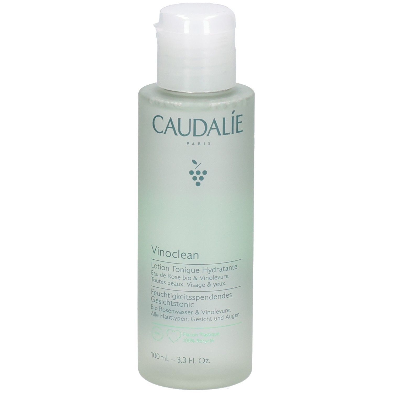 Flacon avec bouchon blanc. Inscriptions: CAUDALIE, Vinoclean, Lotion Tonique Hydratante. Teinte verdâtre. 100ml.