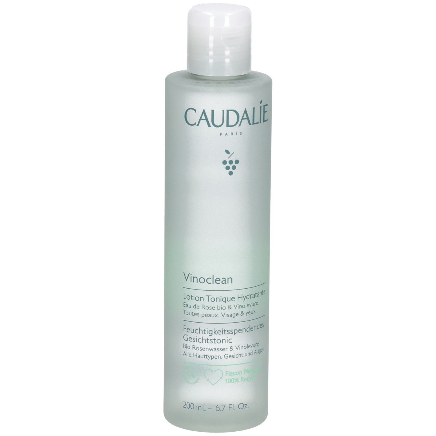 Flacon Caudalie Vinoclean. Teinte verte, bouchon blanc. Texte: Vinoclean, Lotion Tonique Hydratante.
