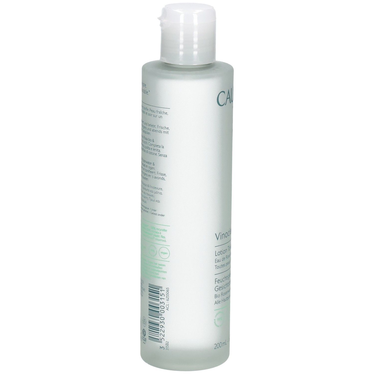 Dos du flacon Caudalie Vinoclean. Texte sur l'étiquette. Bouchon blanc, flacon transparent. Informations sur le produit.