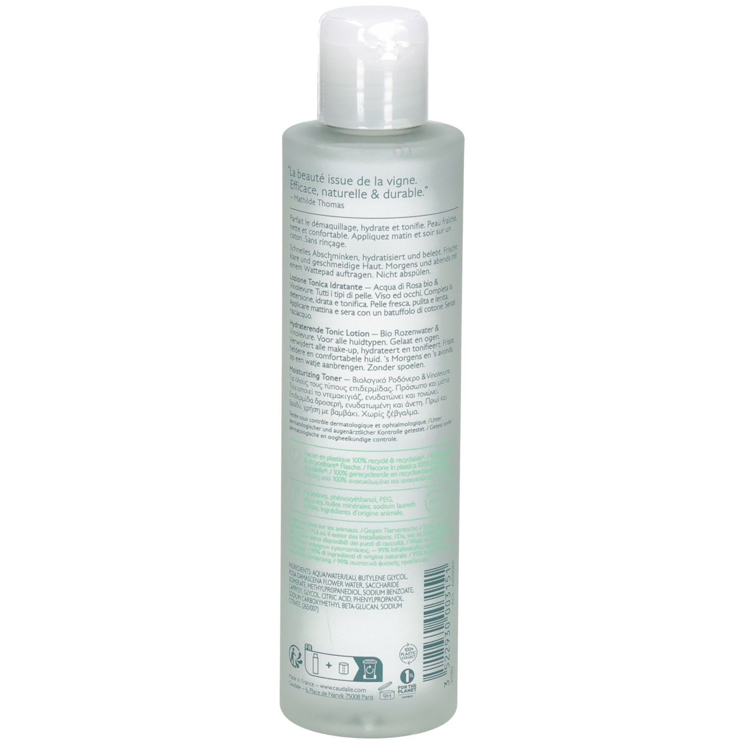 Dos du flacon Caudalie Vinoclean. Texte sur l'étiquette. Bouchon blanc, flacon transparent. Informations sur le produit.