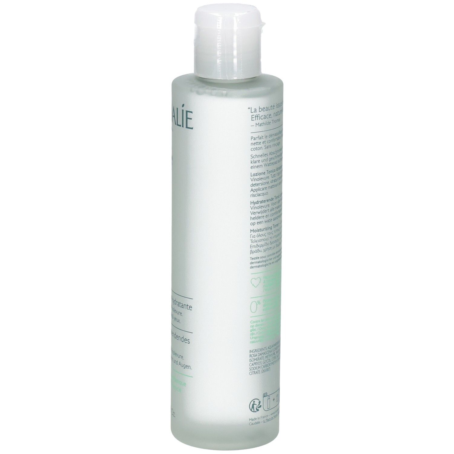 Dos du flacon Caudalie Vinoclean. Texte sur l'étiquette. Bouchon blanc, flacon transparent. Informations sur le produit.