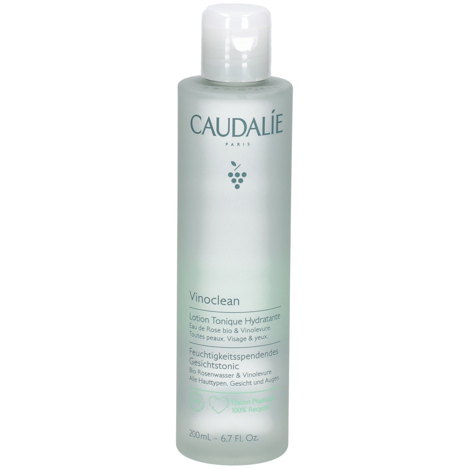 Flacon Caudalie Vinoclean. Teinte verte, bouchon blanc. Texte: Vinoclean, Lotion Tonique Hydratante.