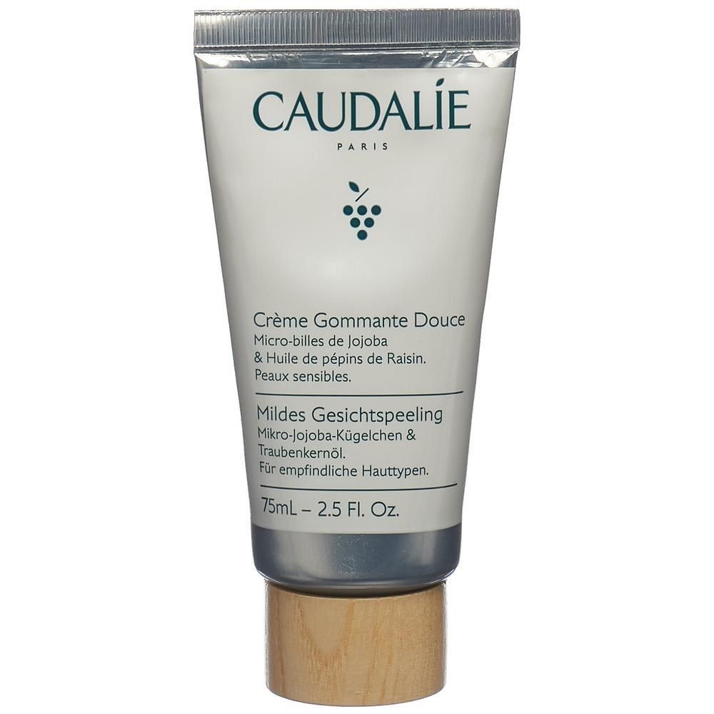 Weiche Tube mit Produkt. Oben steht CAUDALIE PARIS. Darunter steht Crème Gommante Douce. Text in Deutsch: Mildes Gesichtspeeling. 75ml.