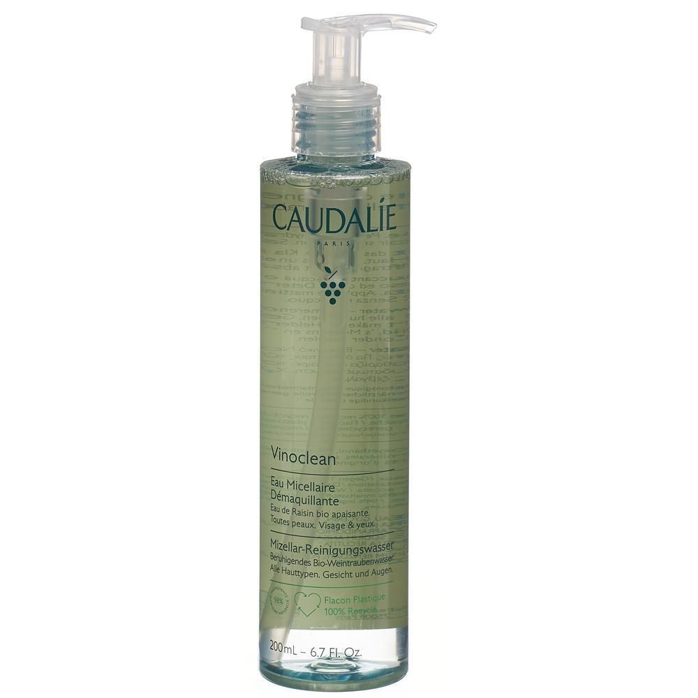 Flacon transparent avec pompe. Inscription: CAUDALIE, Vinoclean, Eau Micellaire. Étiquette verte.