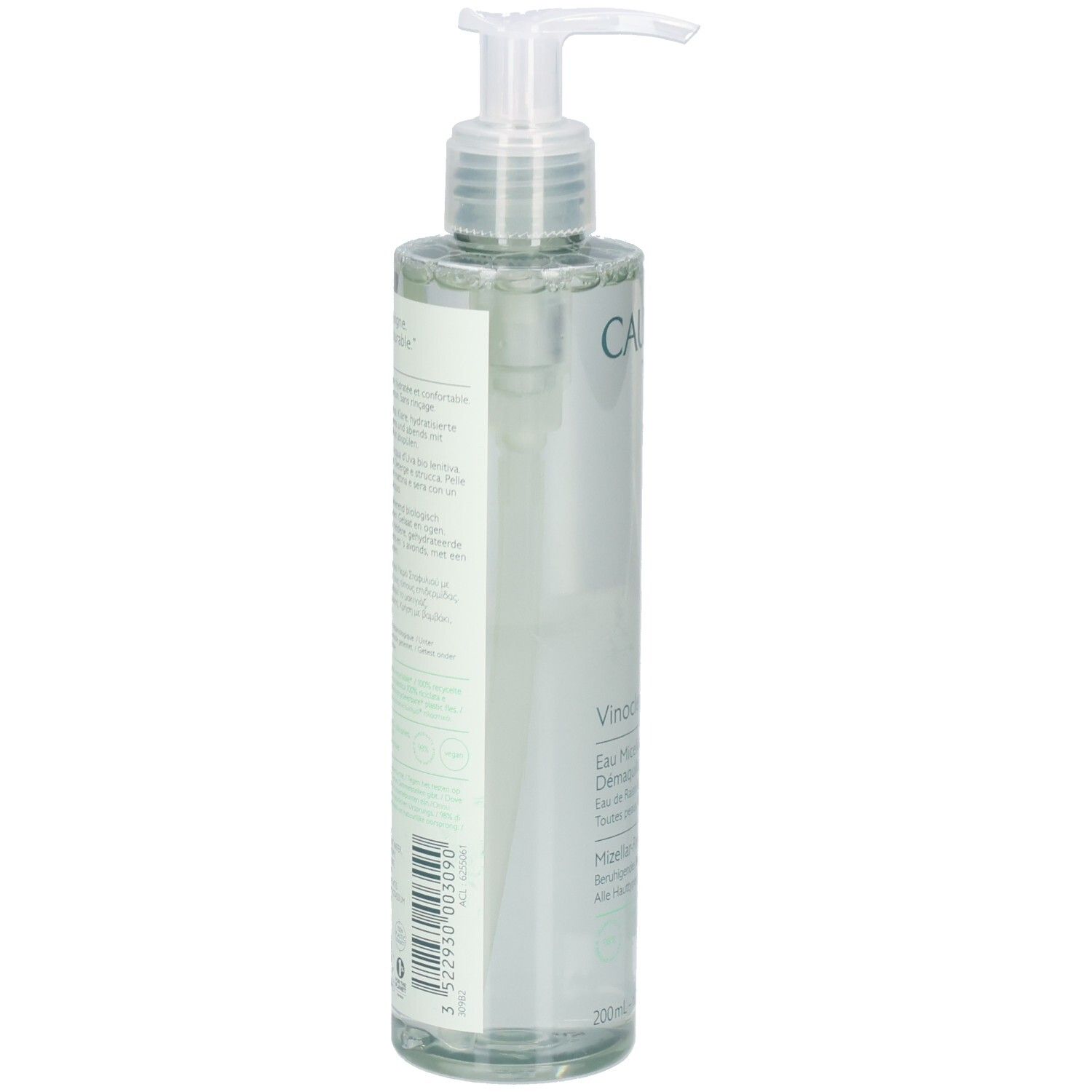 Dos du flacon avec texte. Inscription: Vinoclean, Eau Démaquillante. Étiquette verte avec ingrédients et informations fabricant.