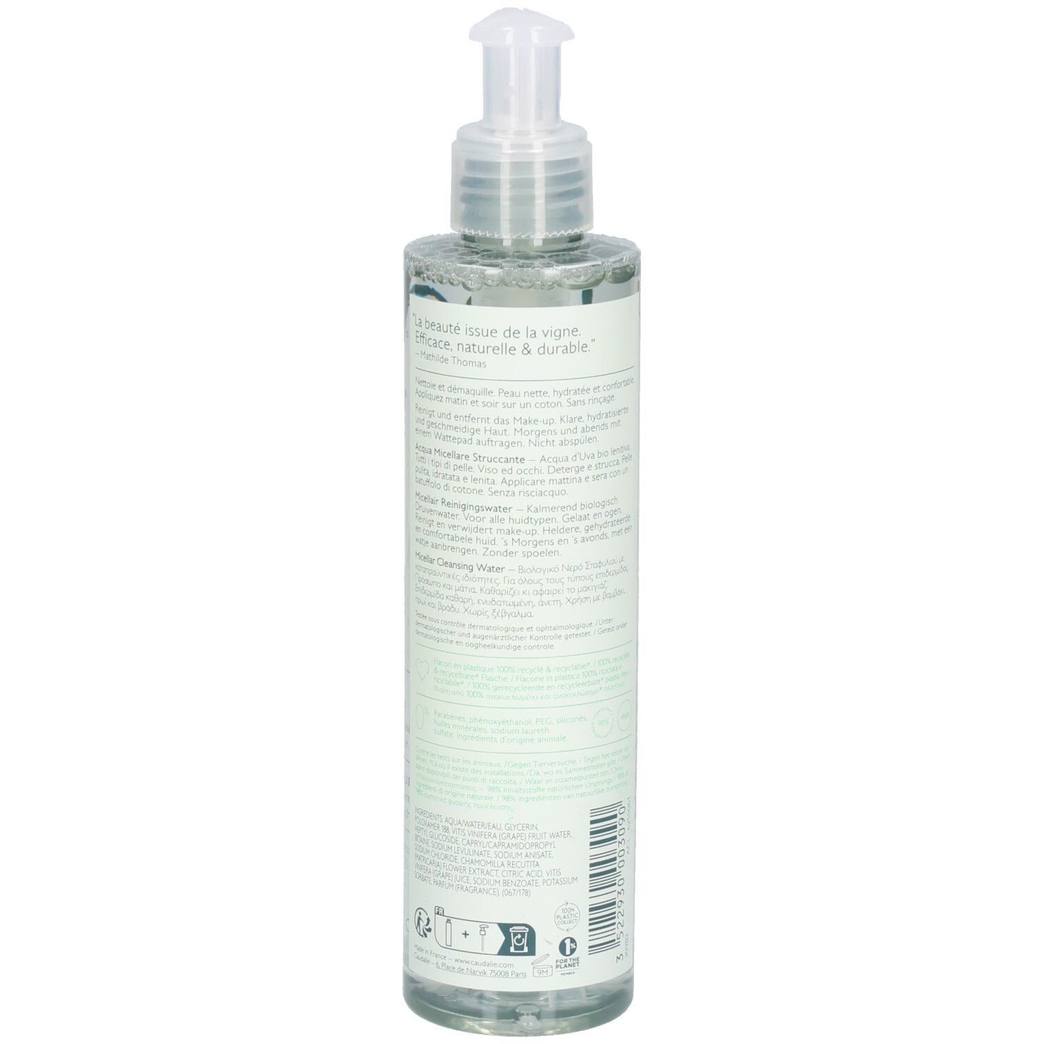 Dos du flacon avec texte. Inscription: Vinoclean, Eau Démaquillante. Étiquette verte avec ingrédients et informations fabricant.