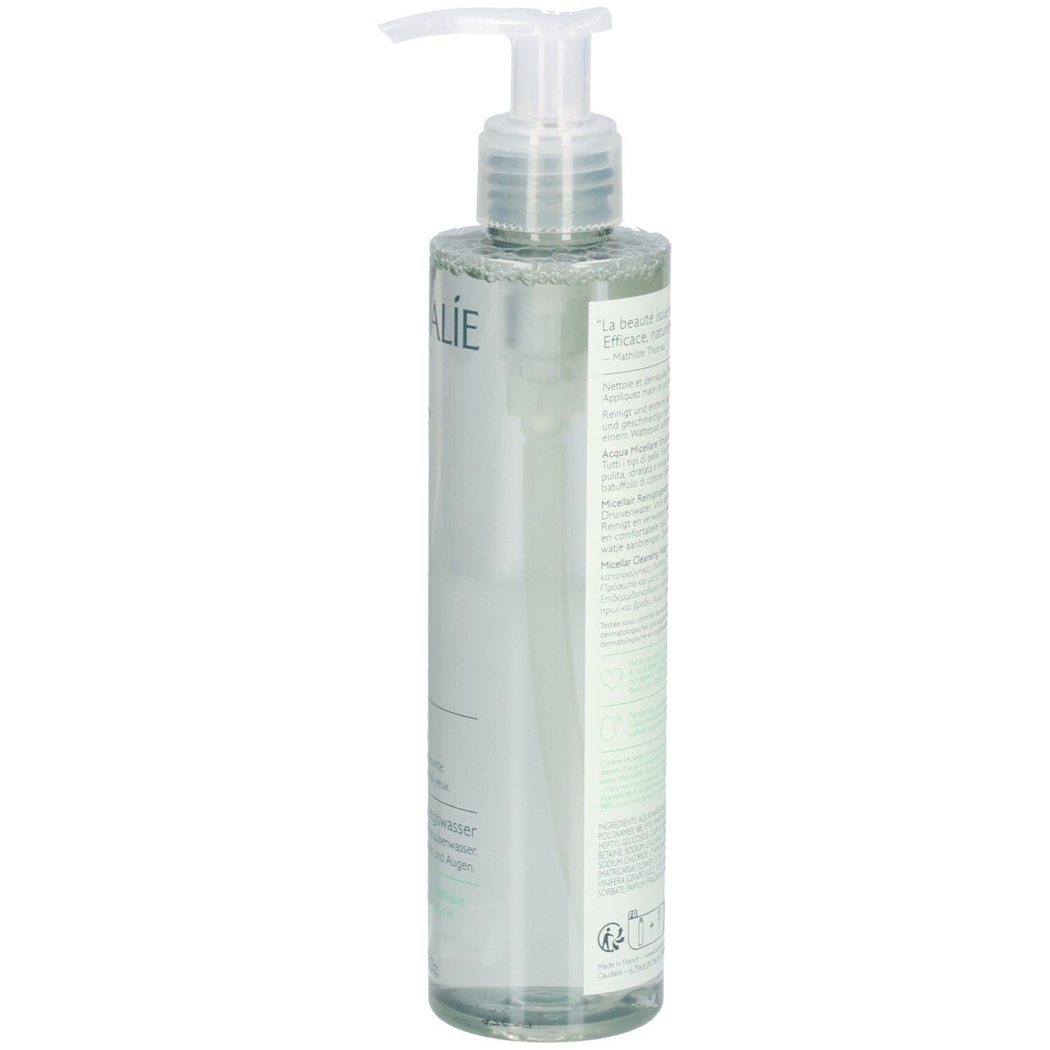 Dos du flacon avec texte. Inscription: Vinoclean, Eau Démaquillante. Étiquette verte avec ingrédients et informations fabricant.