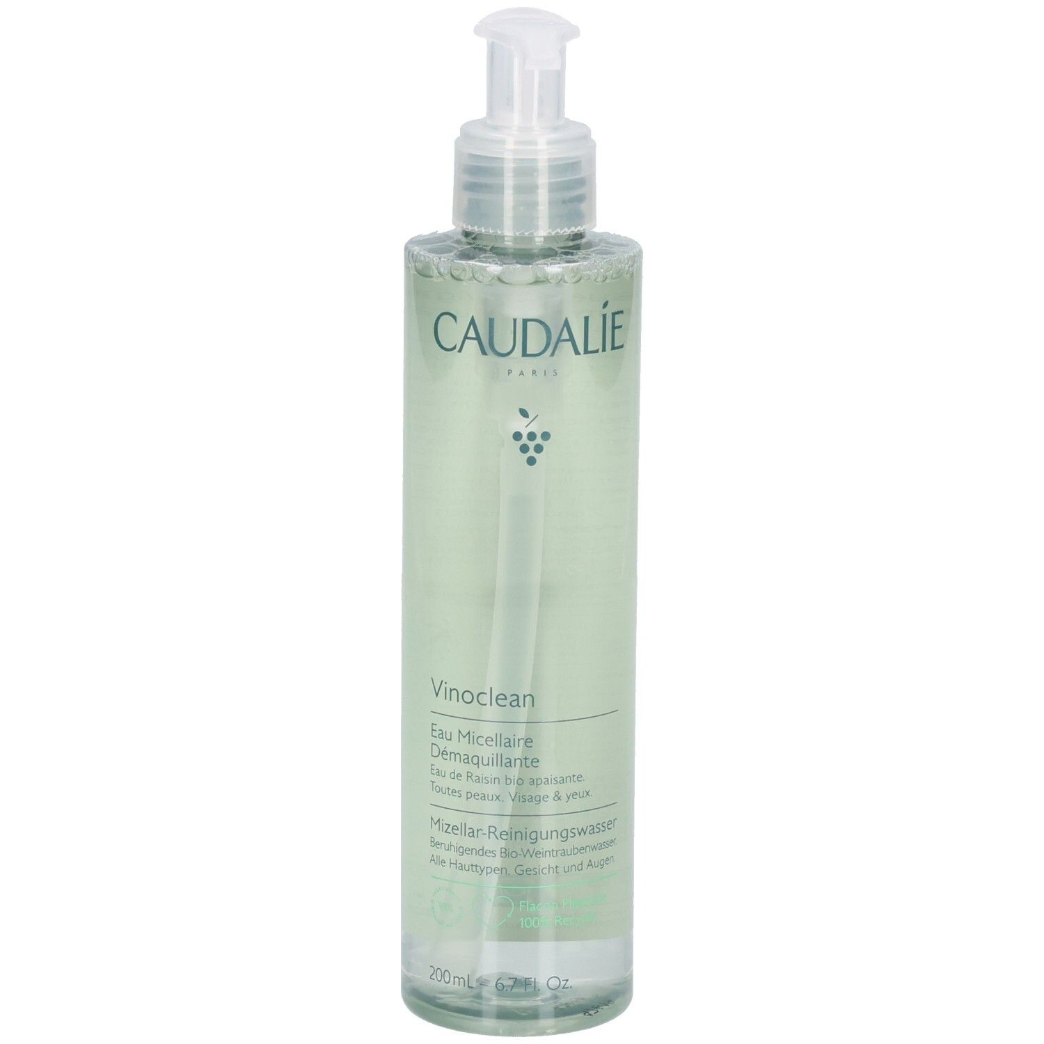 Flacon transparent avec pompe. Inscription: CAUDALIE, Vinoclean, Eau Micellaire. Étiquette verte.