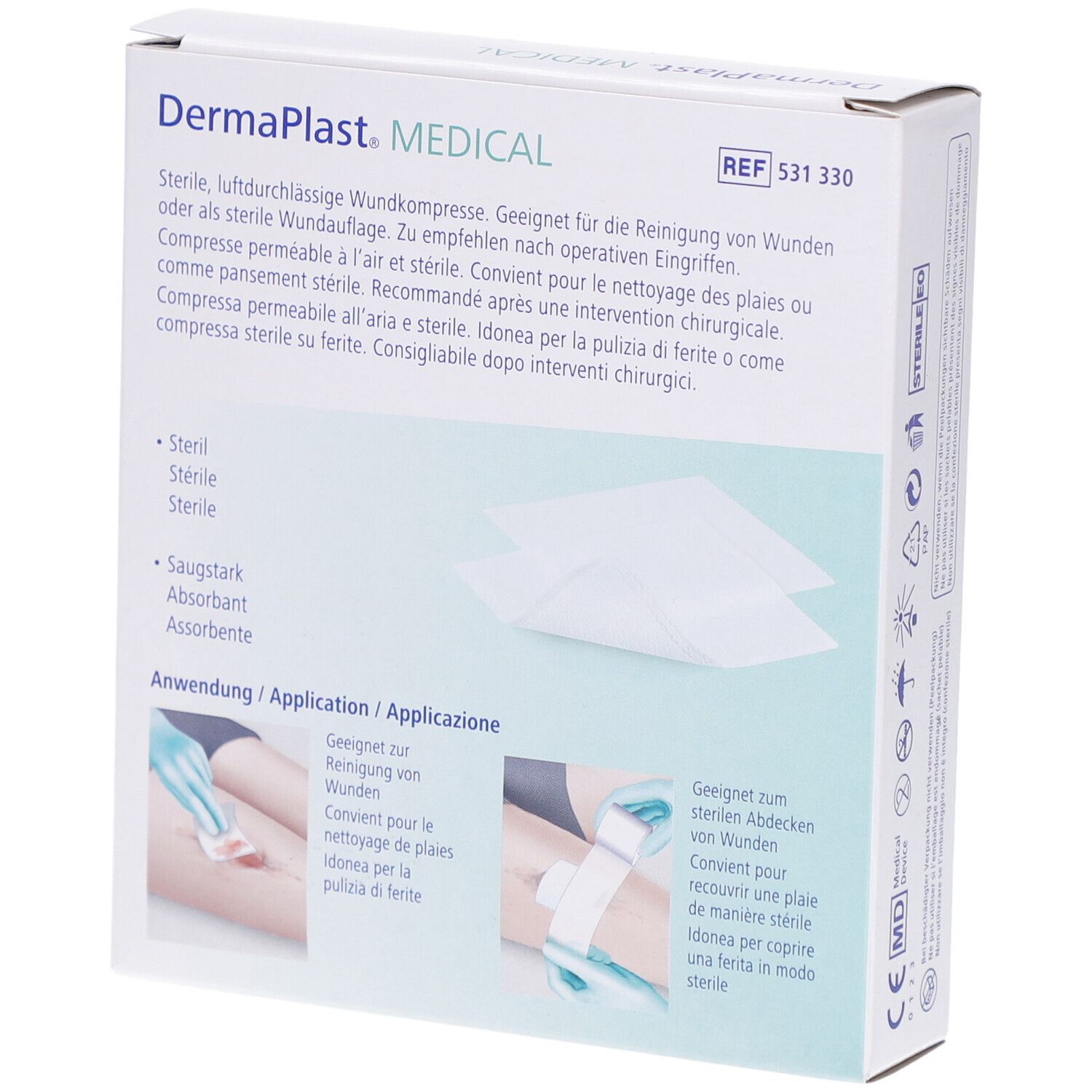Rückseite der Dermaplast Medical Vlieskompresse Verpackung. Produktinformationen, Anwendungshinweise und Logos.