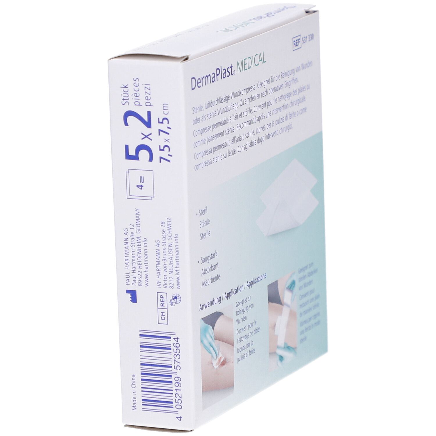 Dermaplast Medical Vlieskompresse Verpackung. 5x2 Stück, 7,5x7,5 cm. Seitenansicht mit Produktinformationen und Logos.