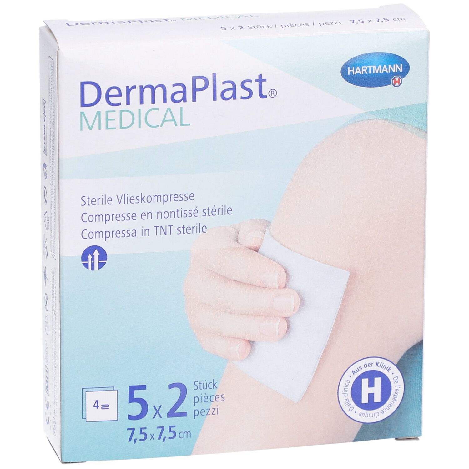 Dermaplast Medical Vlieskompresse Verpackung. 5x2 Stück, 7,5x7,5 cm. Auf der Verpackung ist ein Arm mit Kompresse abgebildet.