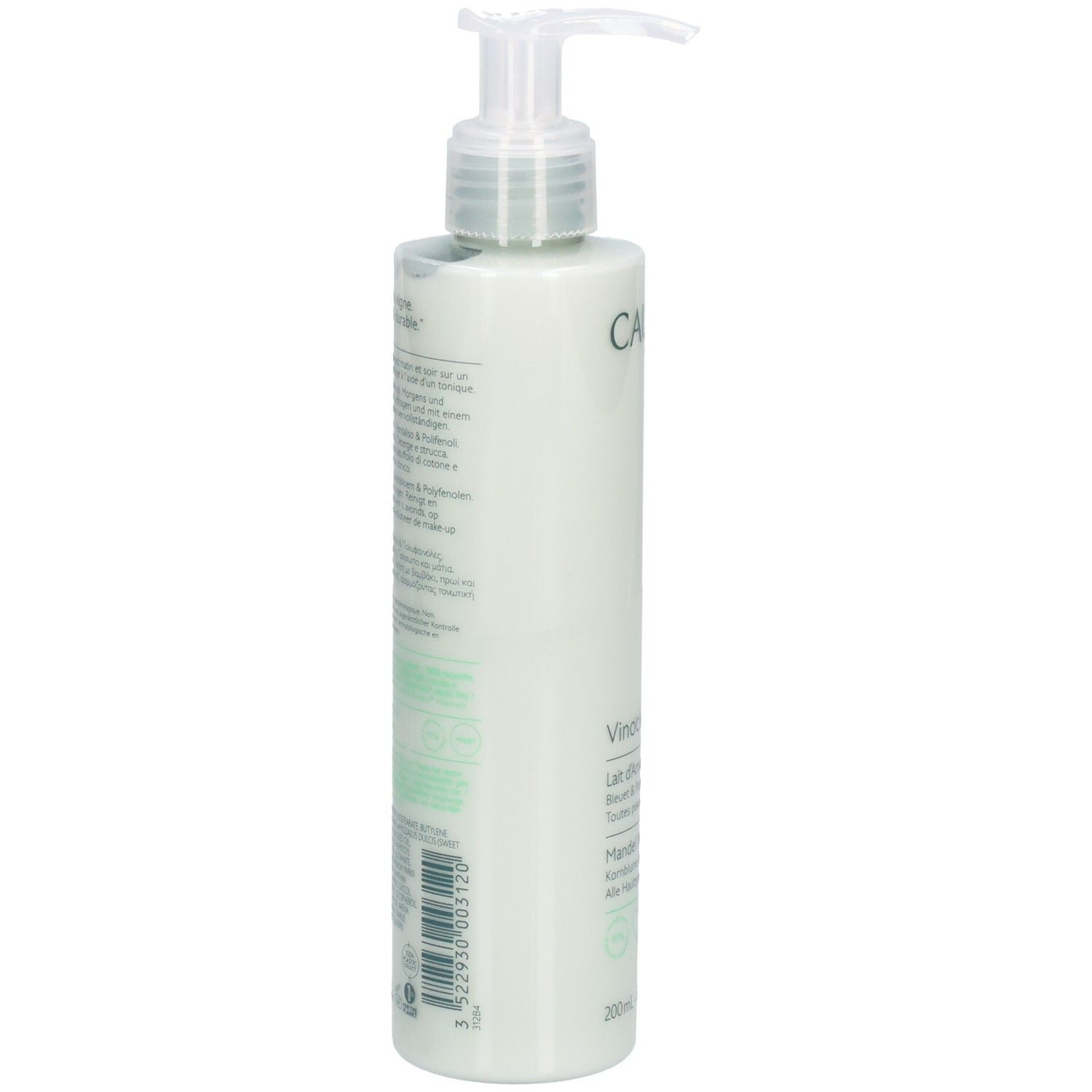 Rückseite der Caudalie Vinoclean Mandel Reinigungsmilch. Textinformationen auf grün-weißem Hintergrund. Flasche mit Spender.