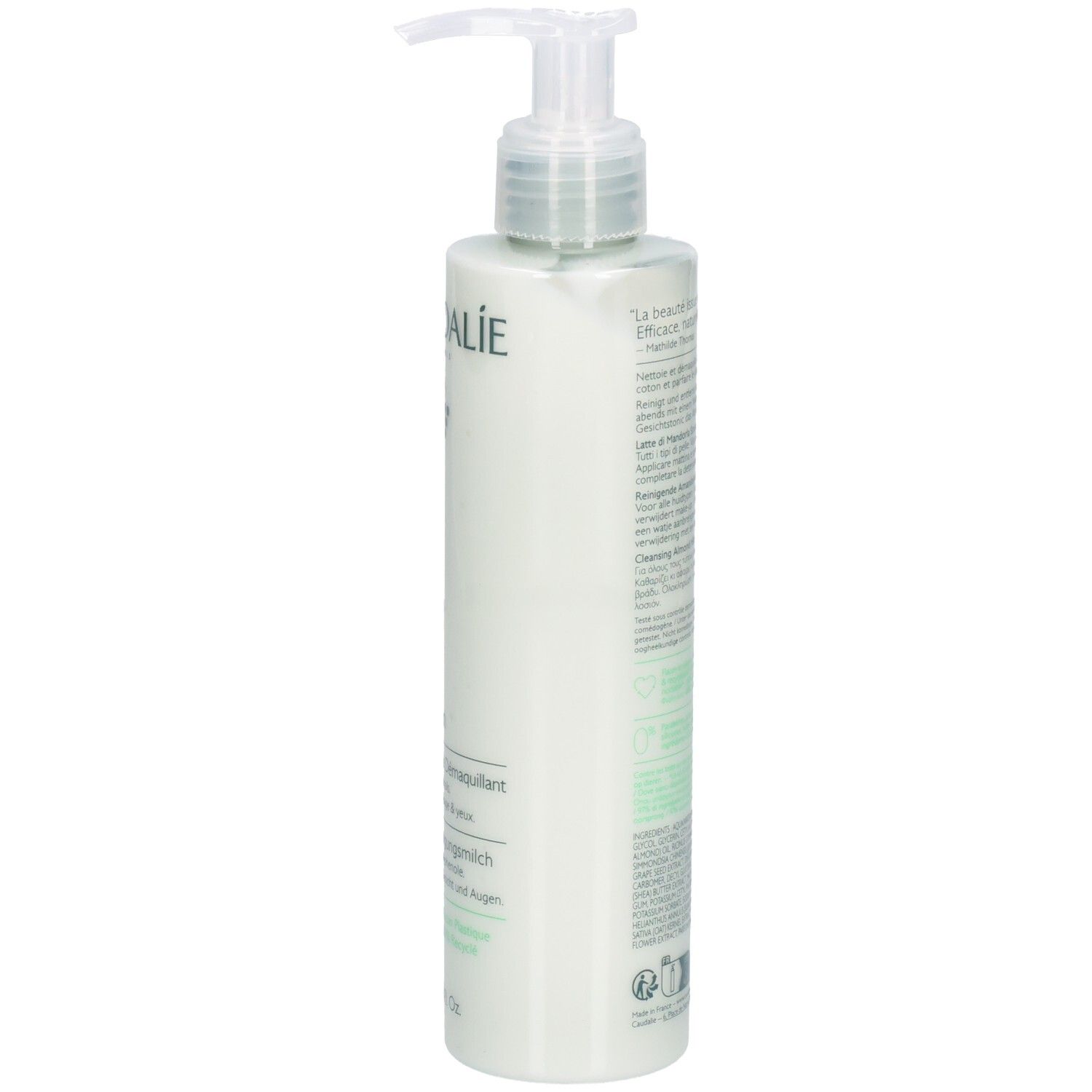 Rückseite der Caudalie Vinoclean Mandel Reinigungsmilch. Textinformationen auf grün-weißem Hintergrund. Flasche mit Spender.