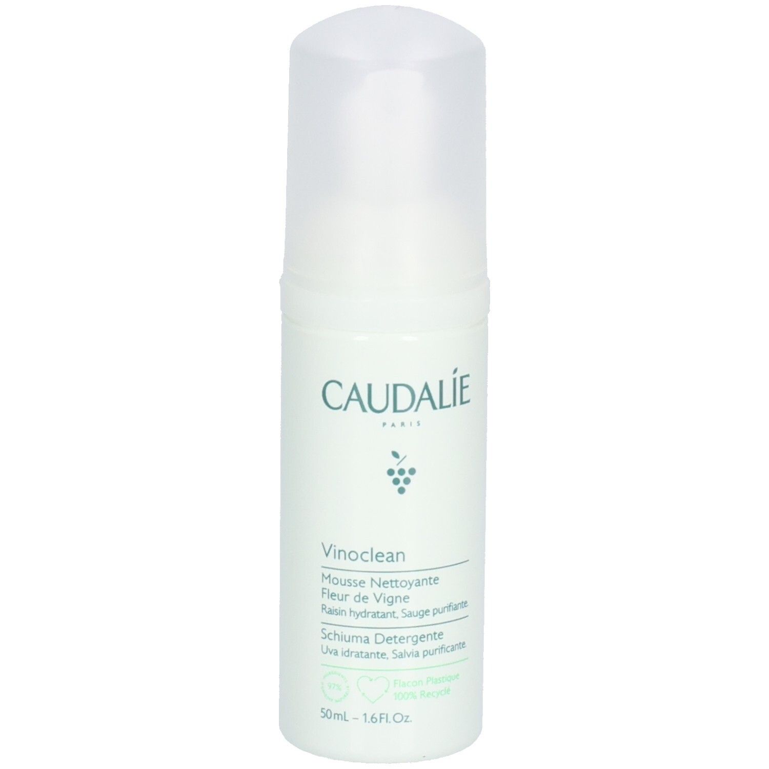 Grüne Flasche mit weißem Deckel. Aufschrift: Caudalie, Vinoclean, Mousse Nettoyante. 50ml.