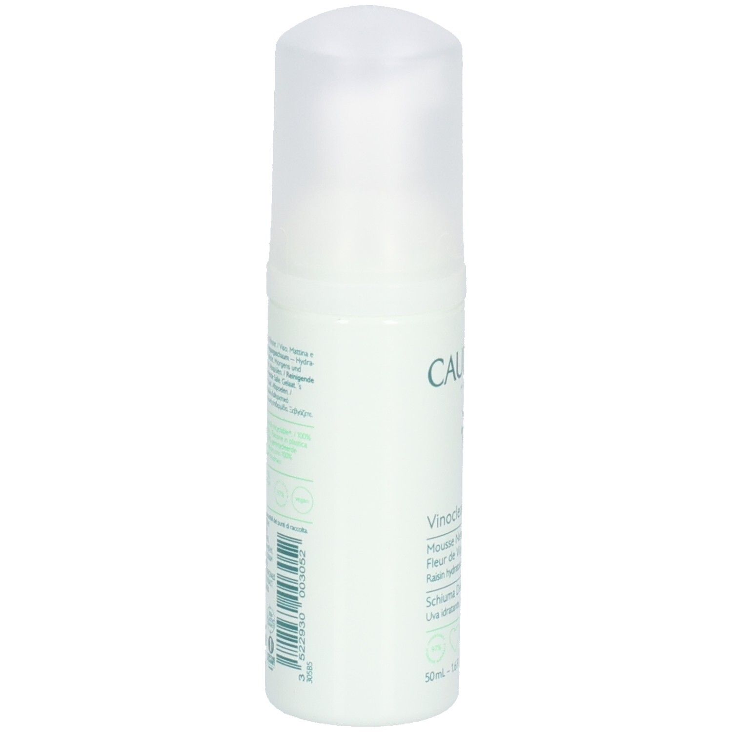 Grüne Flasche mit weißem Deckel. Aufschrift: Caudalie, Vinoclean, Mousse Nettoyante. 50ml. Rückseite mit Text.