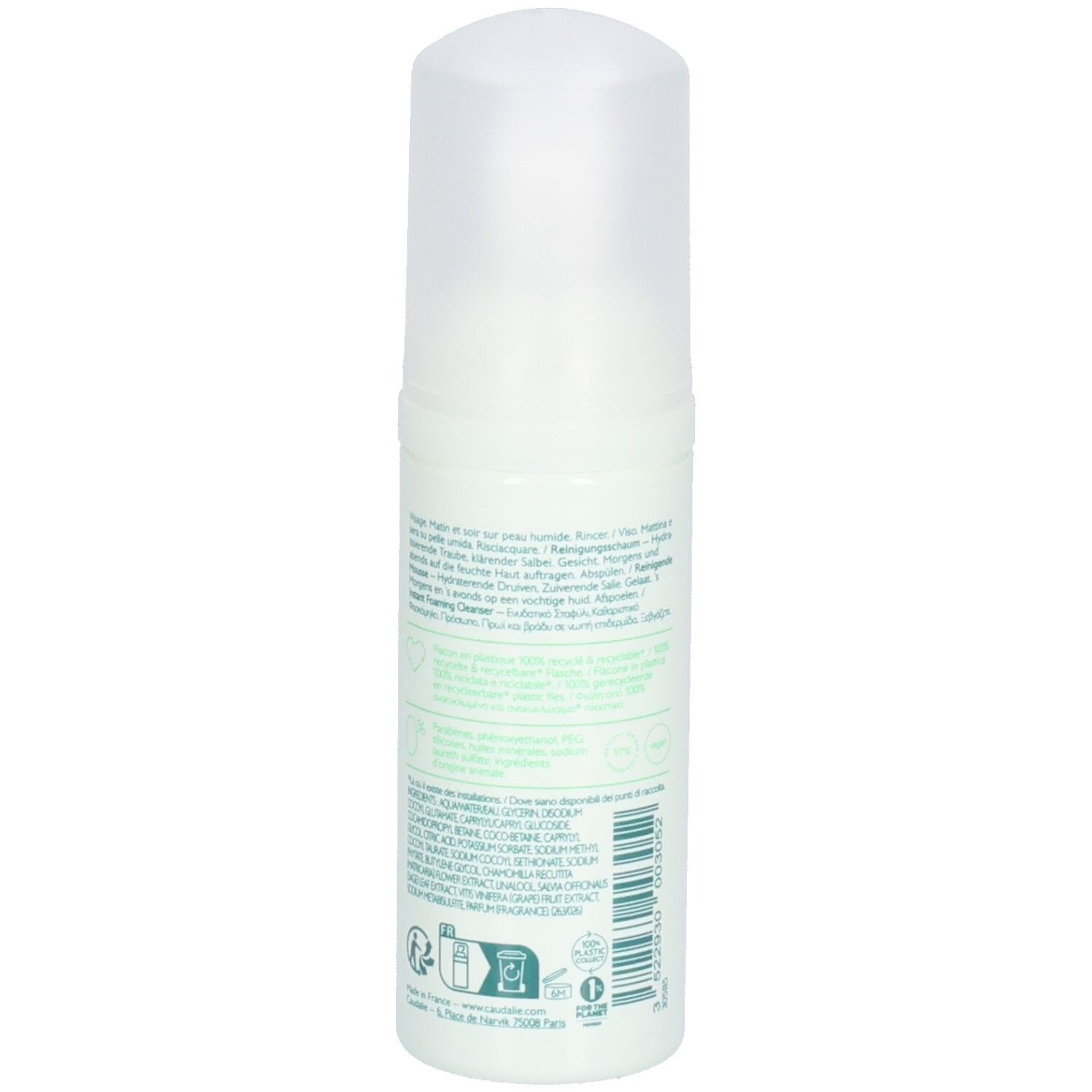 Grüne Flasche mit weißem Deckel. Aufschrift: Caudalie, Vinoclean, Mousse Nettoyante. Rückseite mit Text.