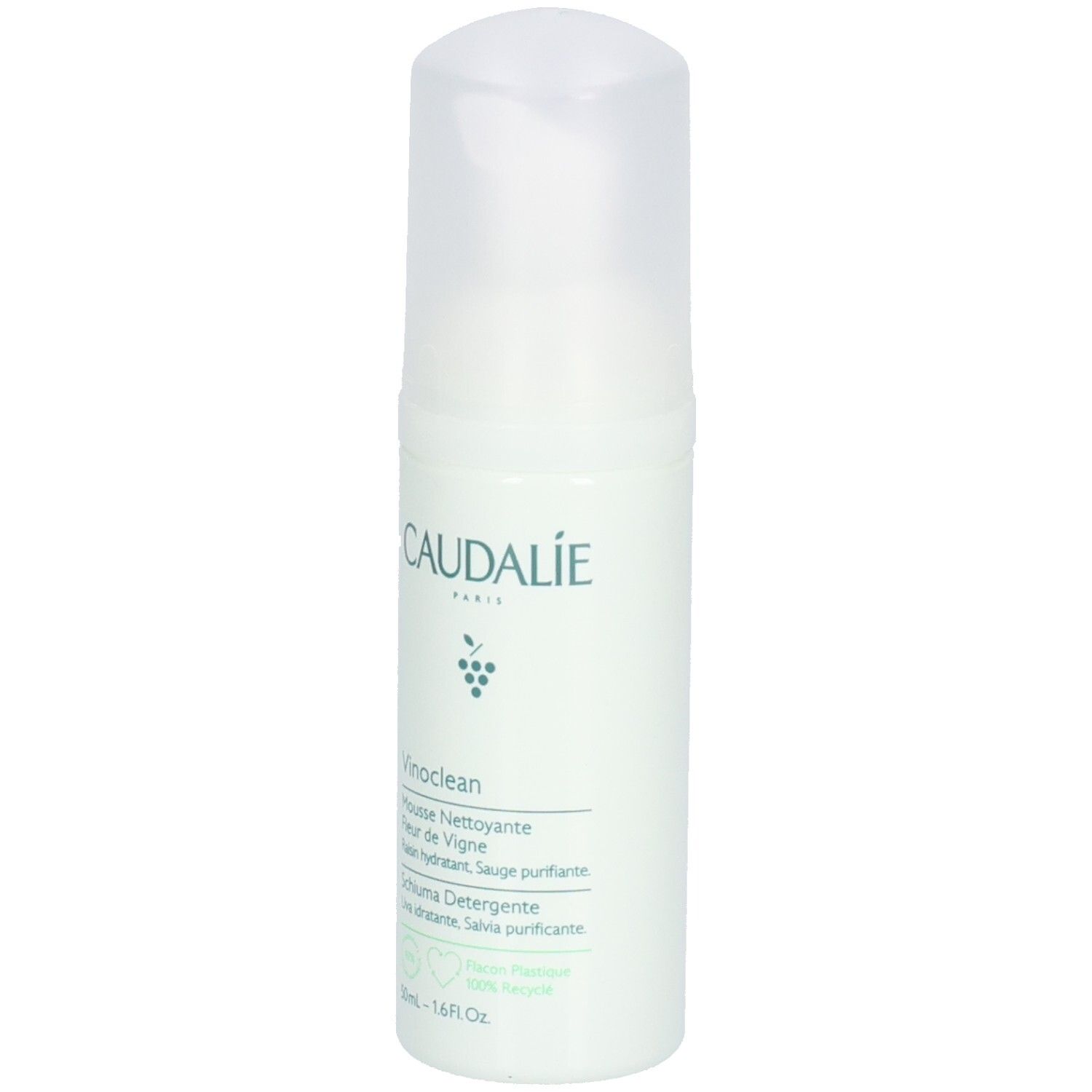 Grüne Flasche mit weißem Deckel. Aufschrift: Caudalie, Vinoclean, Mousse Nettoyante. 50ml.