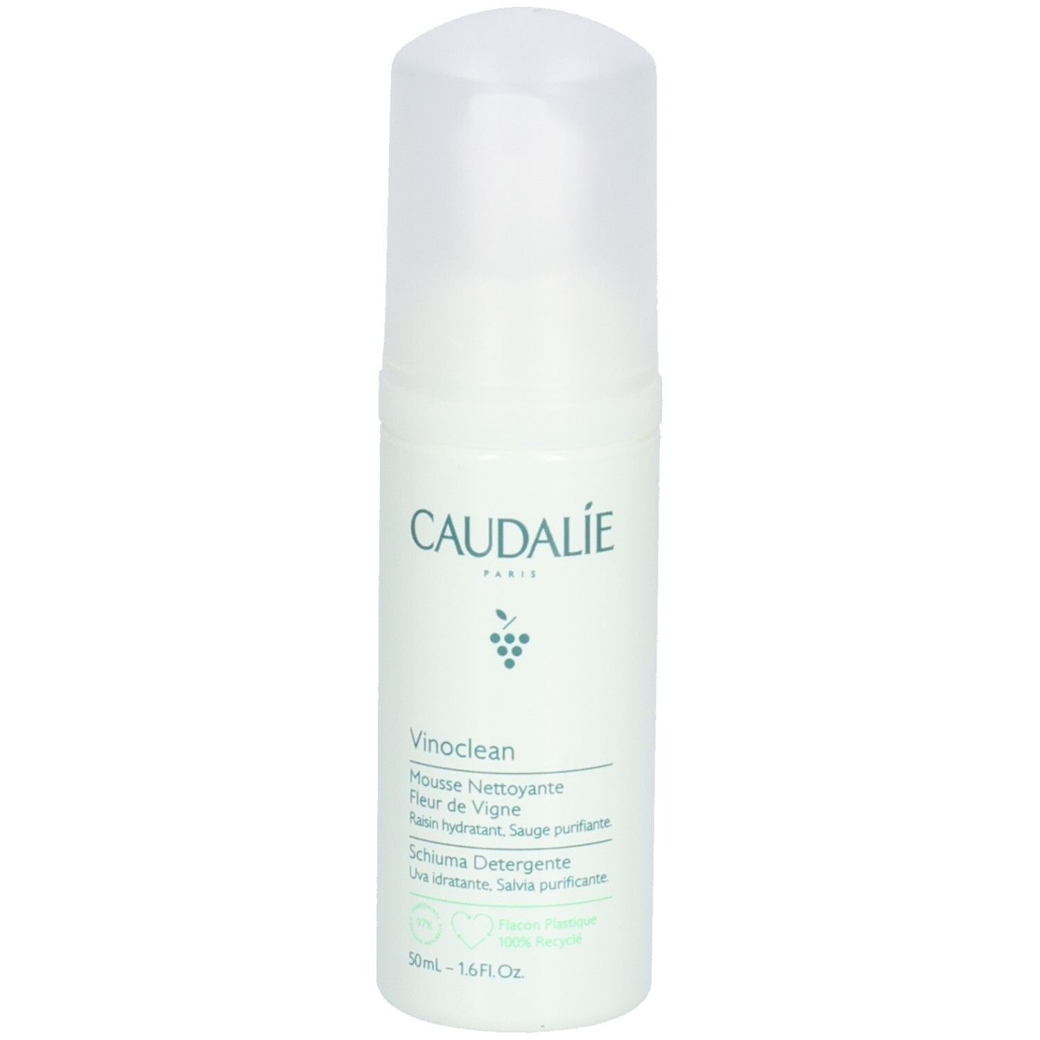 Grüne Flasche mit weißem Deckel. Aufschrift: Caudalie, Vinoclean, Mousse Nettoyante. 50ml.