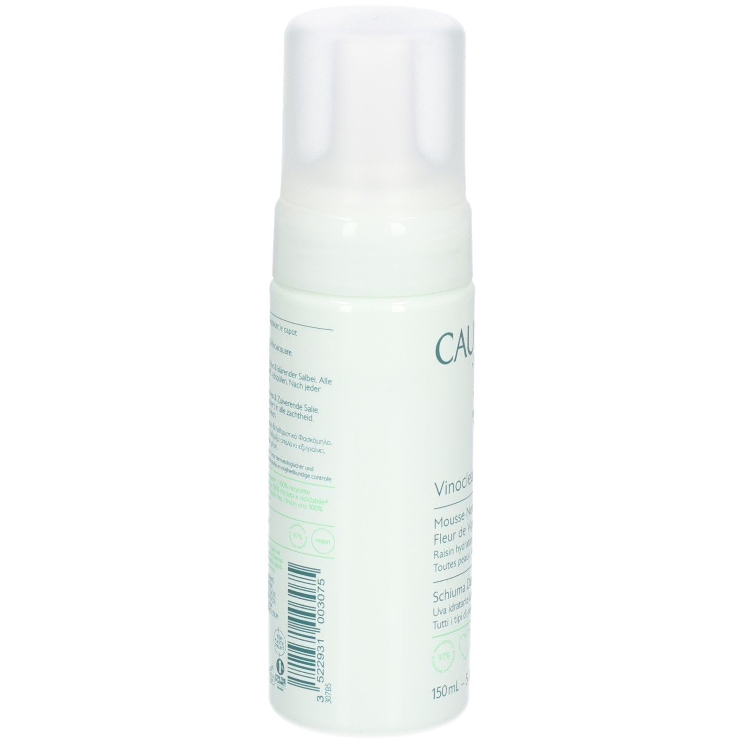 Dos du flacon vert avec texte. Contient des informations sur les ingrédients et l'utilisation en plusieurs langues.