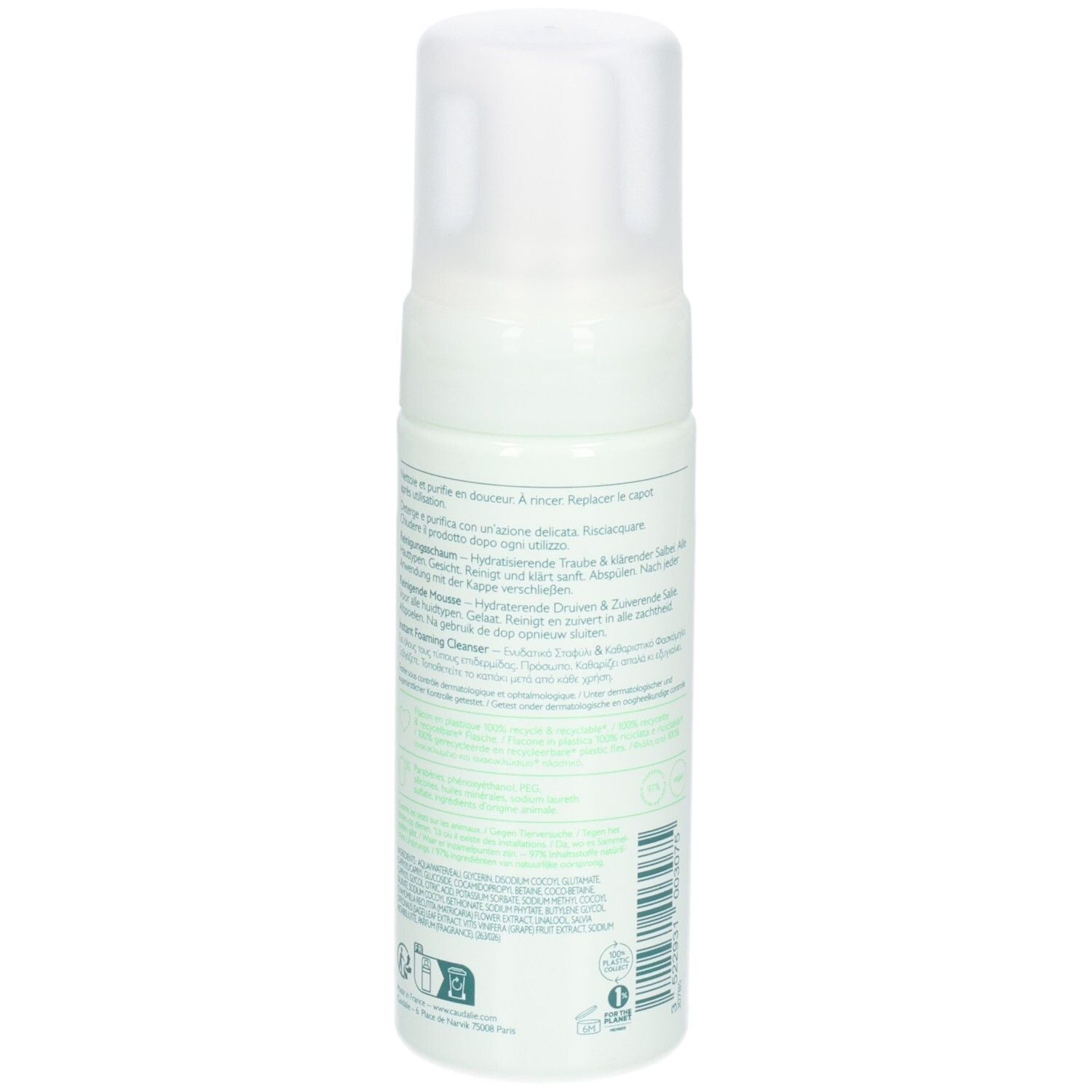 Dos du flacon vert avec texte. Contient des informations sur les ingrédients et l'utilisation en plusieurs langues.