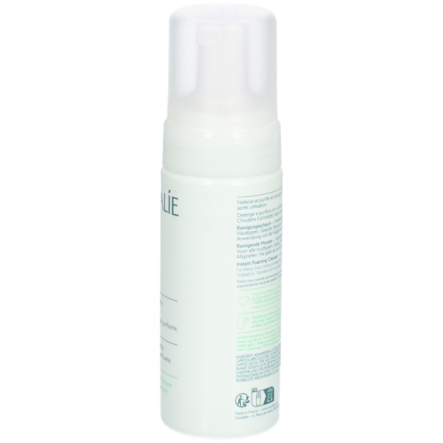 Côté du flacon vert avec texte. Contient des informations sur les ingrédients et l'utilisation en plusieurs langues.