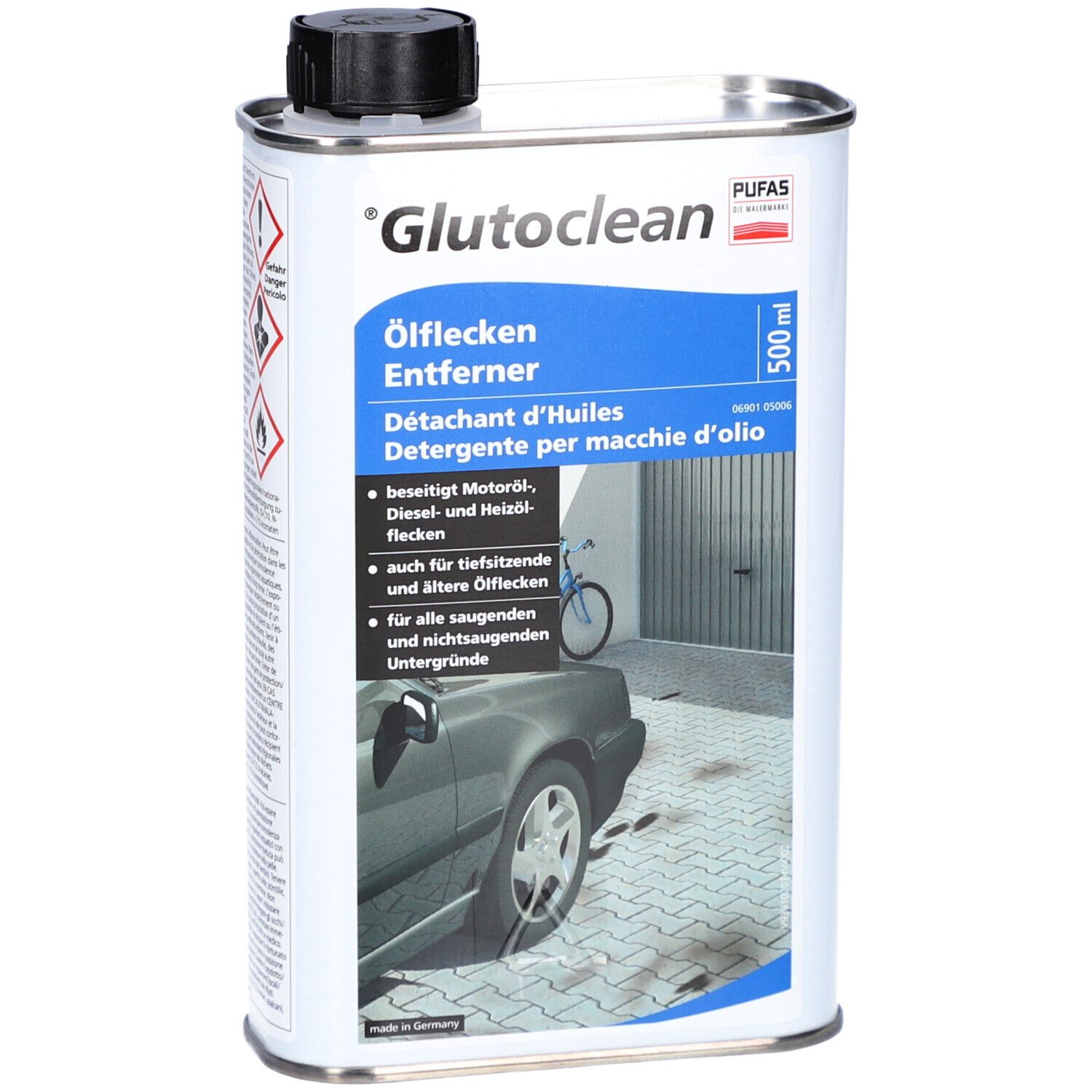 Metallkanister mit schwarzem Deckel. Aufschrift 'Glutoclean Ölflecken Entferner'. Enthält 500 ml. Produktabbildung mit Auto und Garage.
