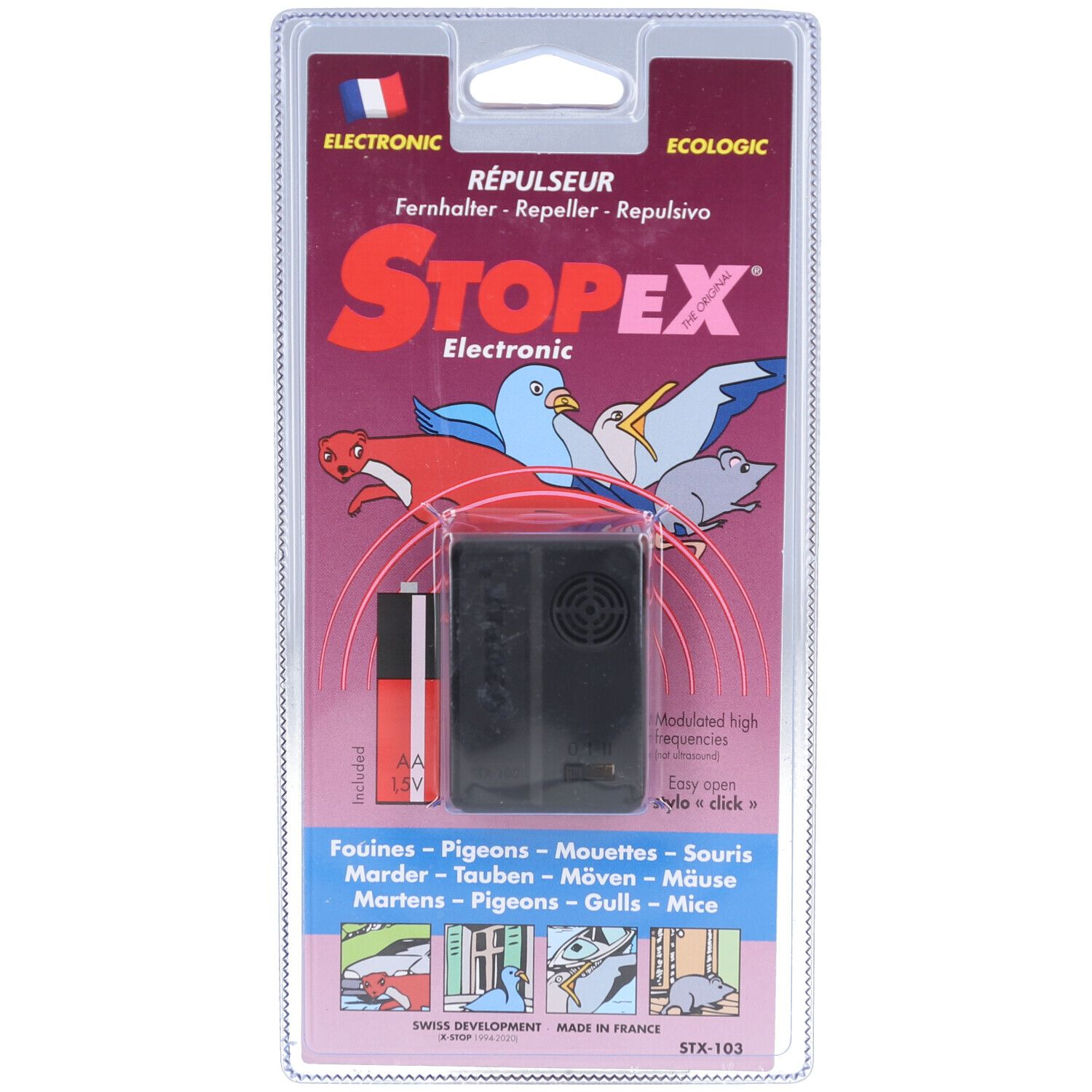 Répulseur électronique pour martres en emballage blister. Appareil noir avec pile. Accents rouges et bleus. Texte: STOPEX, Electronic, Repulseur.