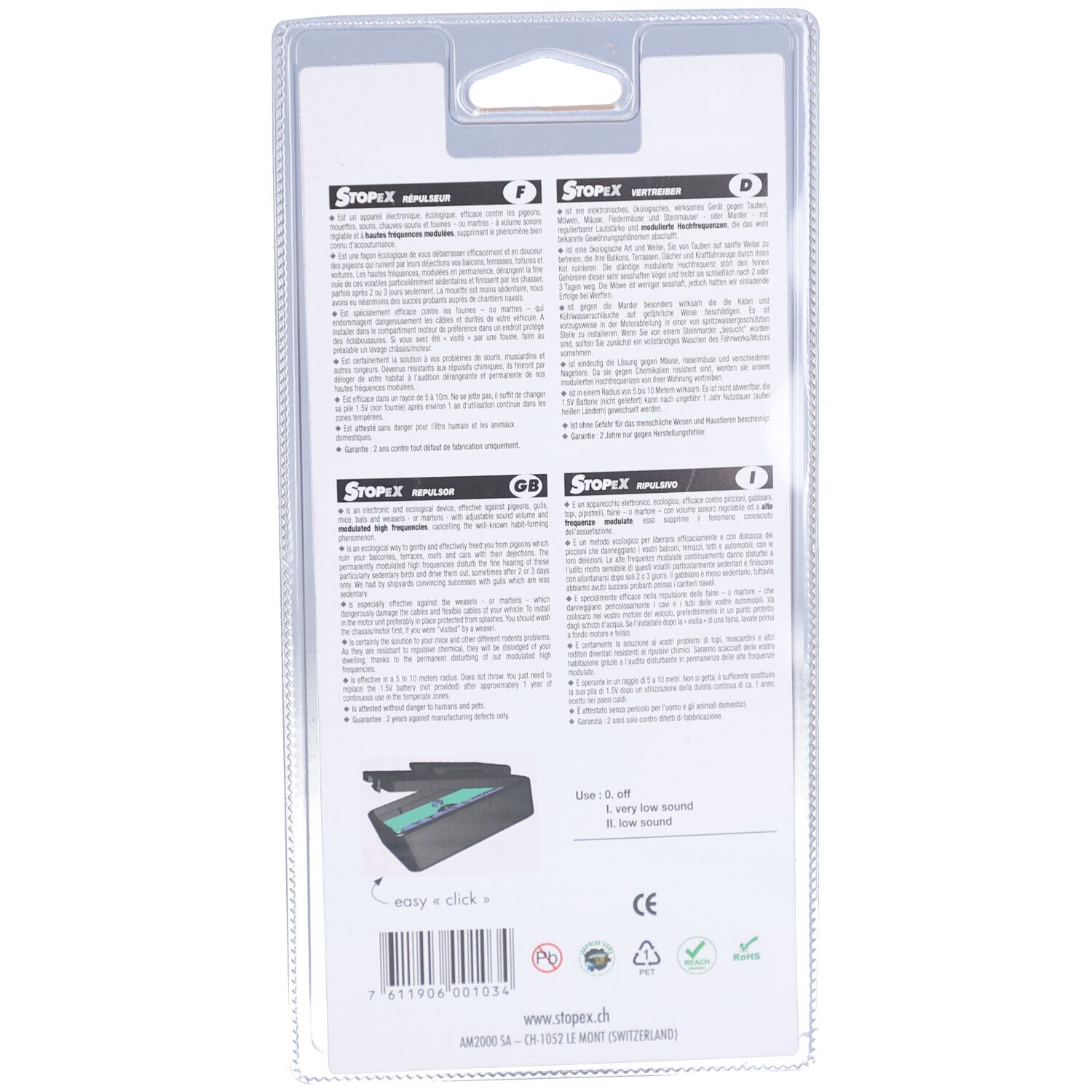 Dos de l'emballage blister. Texte multilingue. Illustration de l'appareil. Marquage CE. Texte: STOPEX, easy + click.