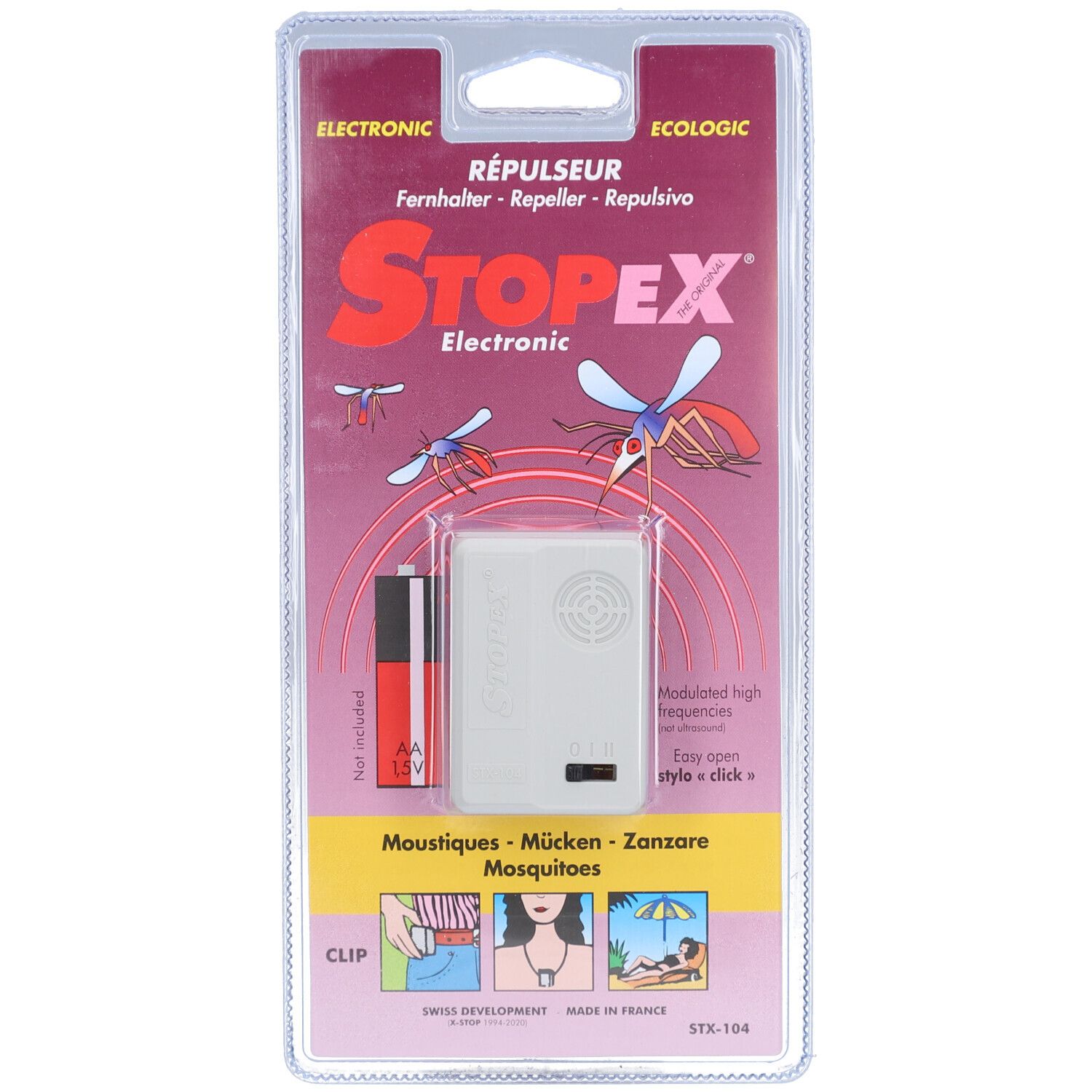 Verpackung mit elektronischem Mückenabwehrgerät. Weißes Gerät mit rotem STOPEX-Schriftzug. AA-Batterie daneben. Ecologic-Logo.
