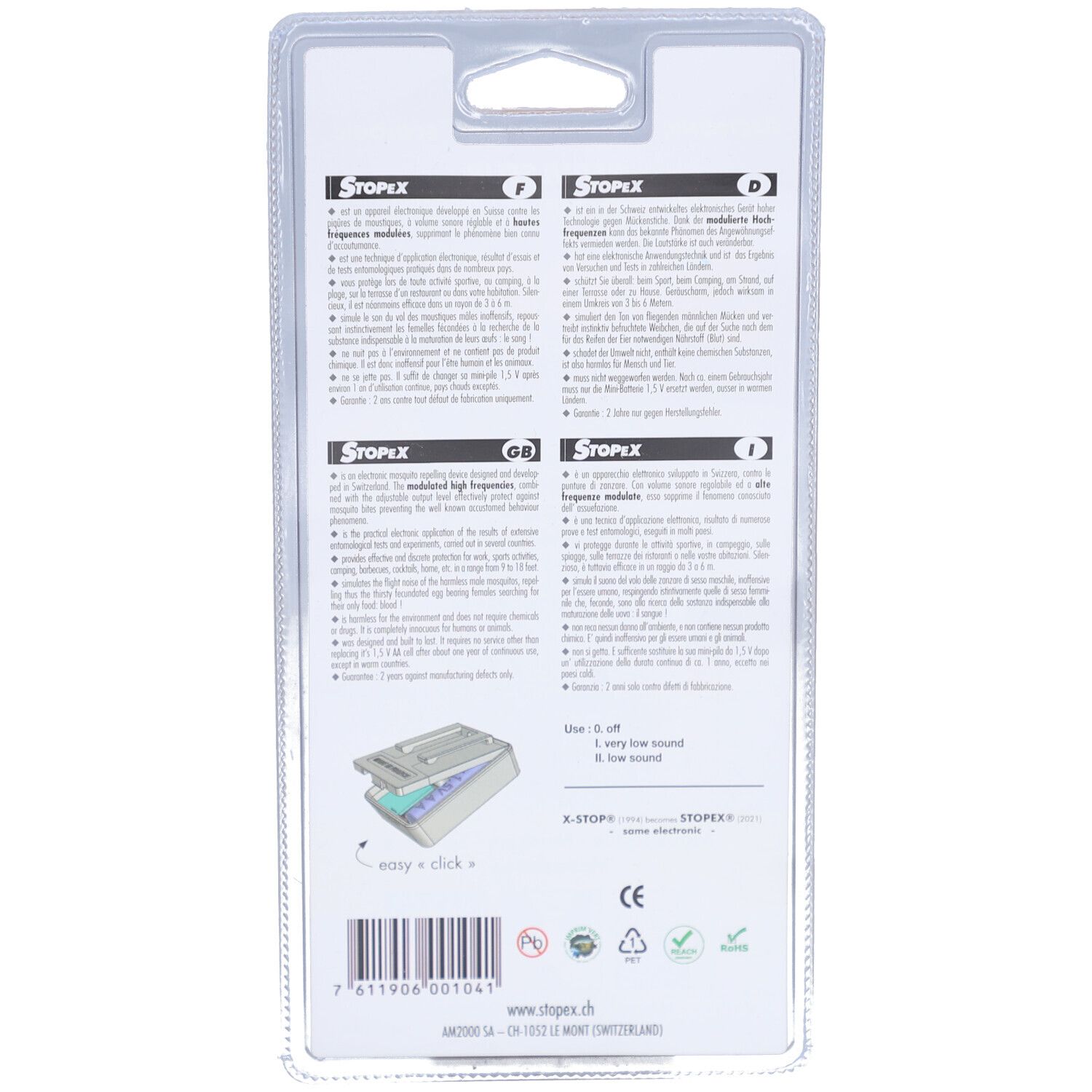 Rückseite der Verpackung des elektronischen Mückenabwehrgeräts. Text in mehreren Sprachen. Bedienungsanleitung mit Illustration.