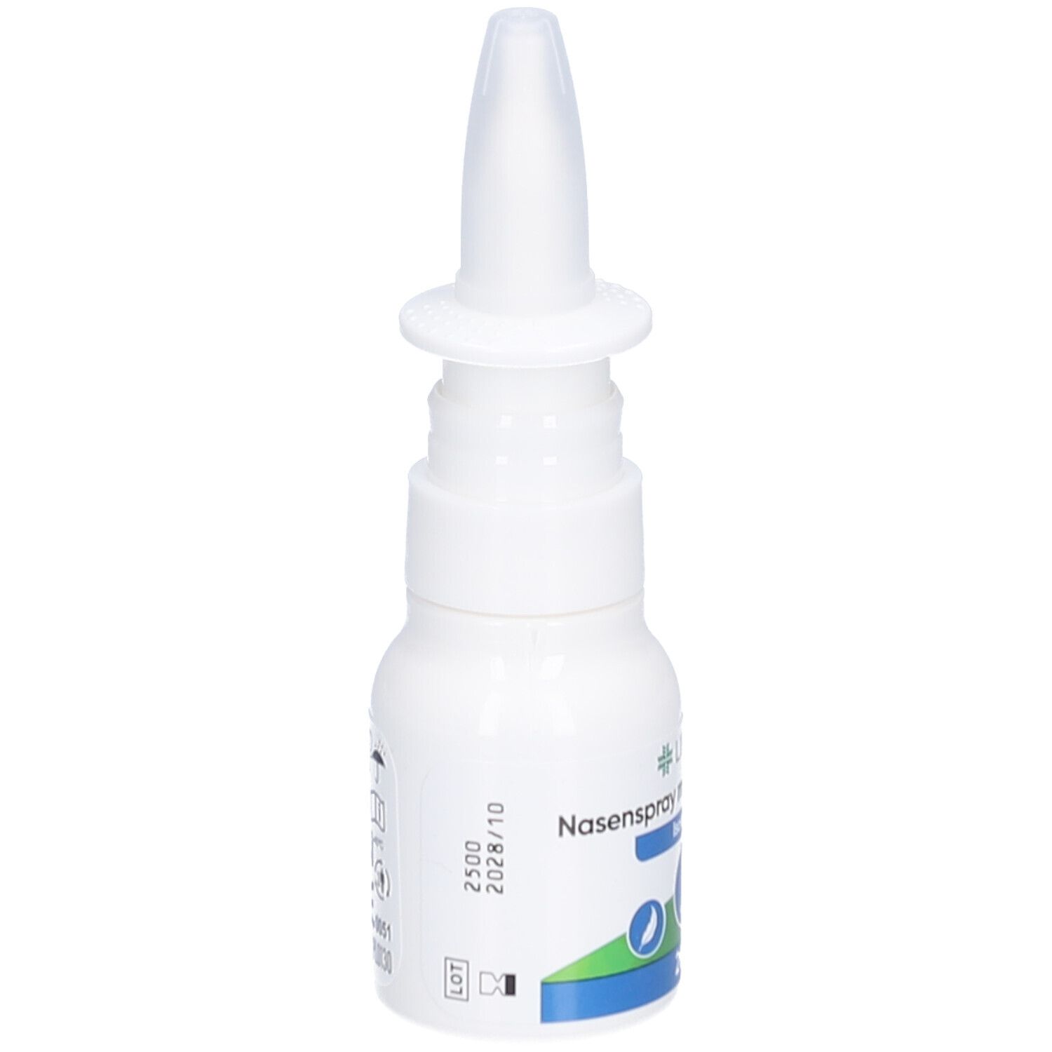 Weiße Nasenspray-Flasche mit Sprühkopf. Text und Chargennummer. Isotonisch.