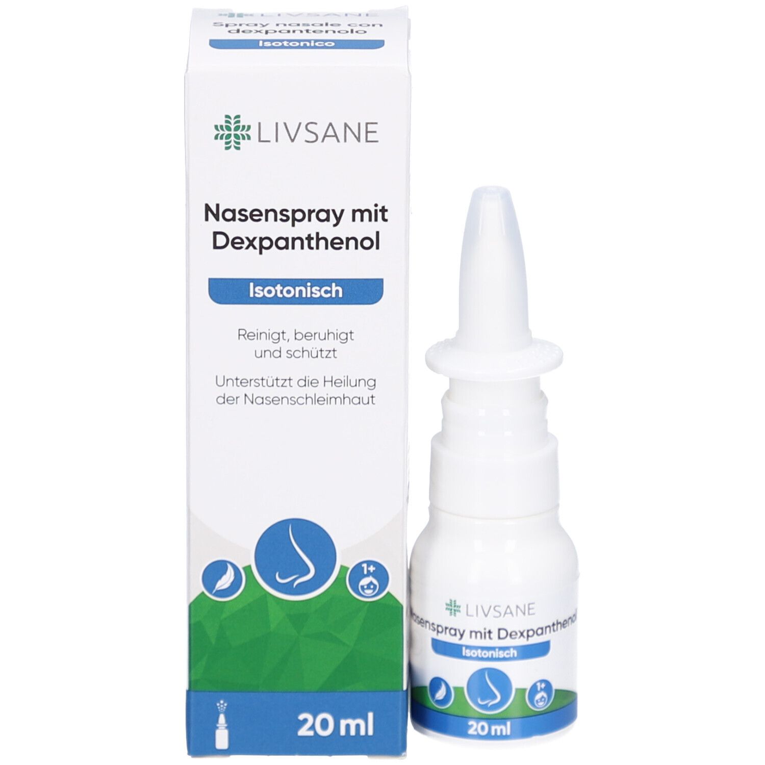 Nasenspray-Flasche und Schachtel. LIVSANE-Logo und Text. Isotonisch, 20 ml.